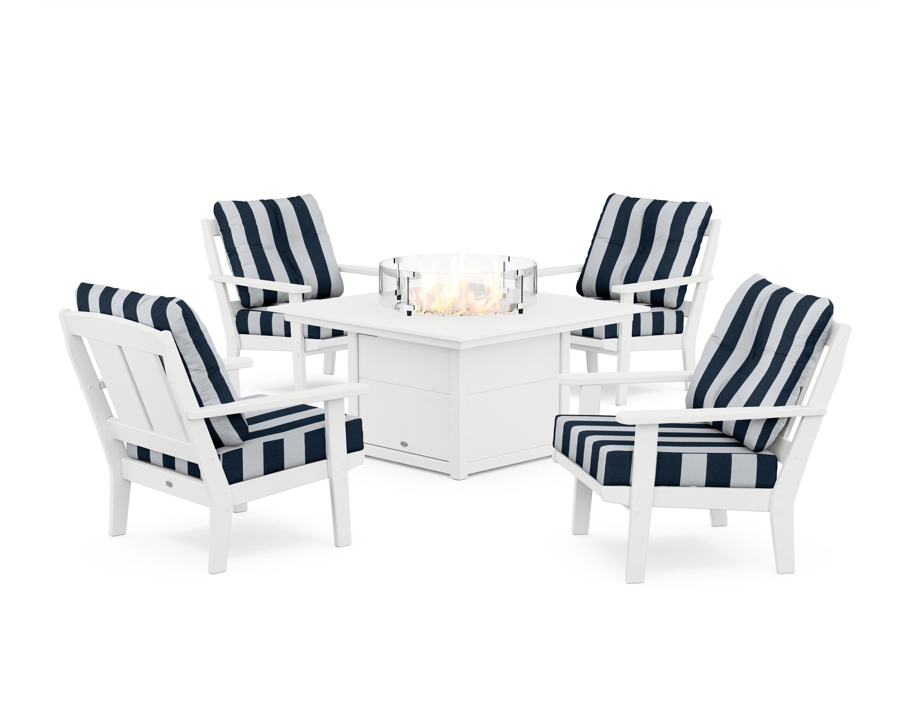 POLYWOOD® Mission 5-Piece Deep Seating Set with Fire Pit Table in White / Cabana Stripe Marine Indigo