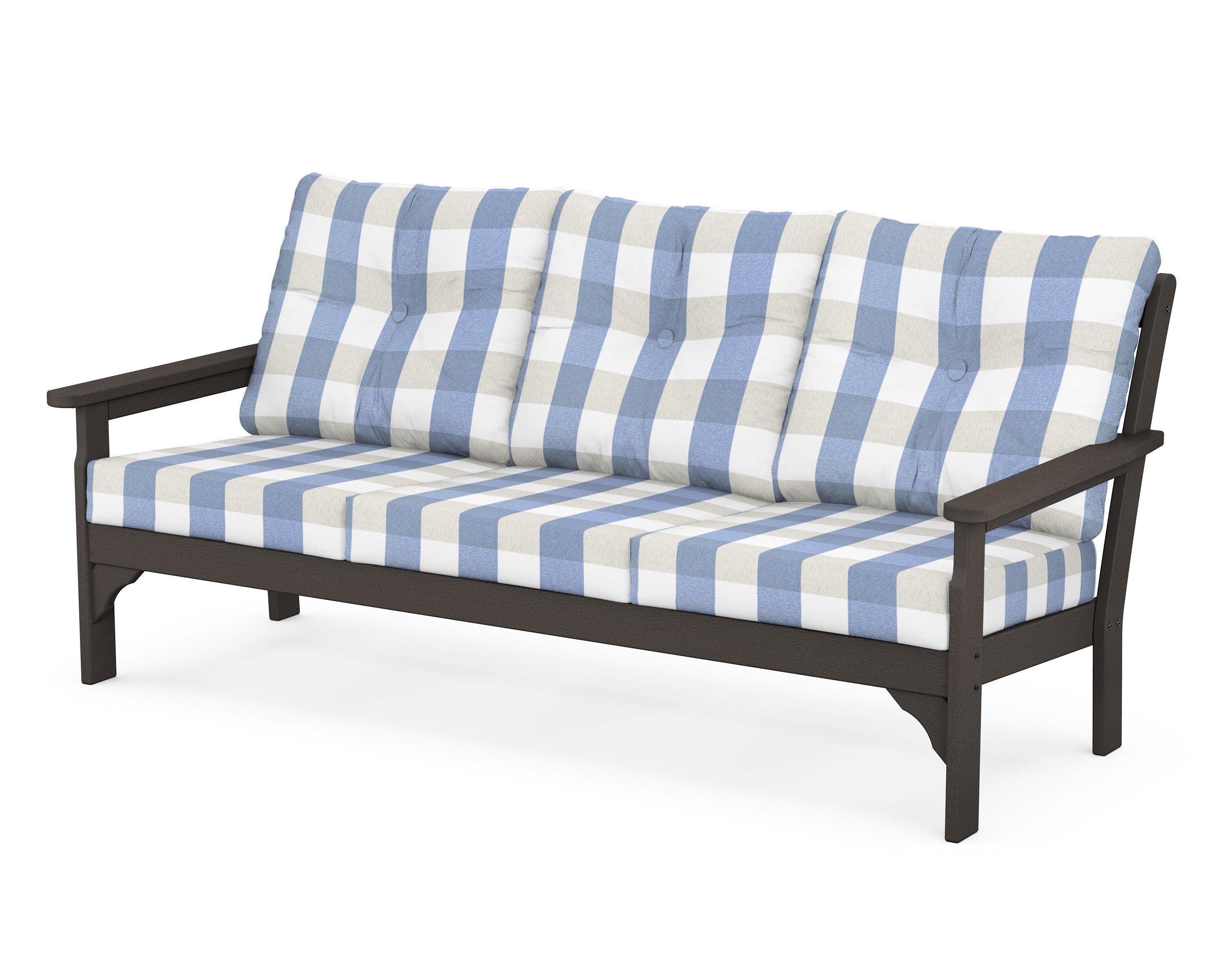POLYWOOD® Vineyard Deep Seating Sofa in Vintage Coffee / Buffalo Plaid Sky Blue