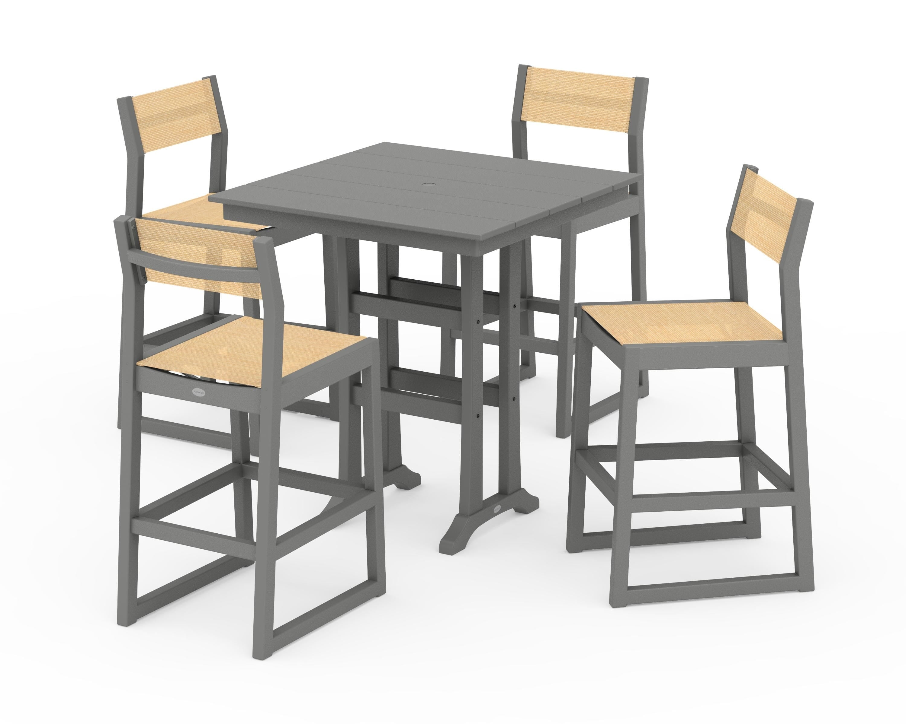 POLYWOOD® EDGE Sling Arm Chair 5-Piece Farmhouse Bar Set with Trestle Legs in Slate Grey / Dupioni Apricot Sling