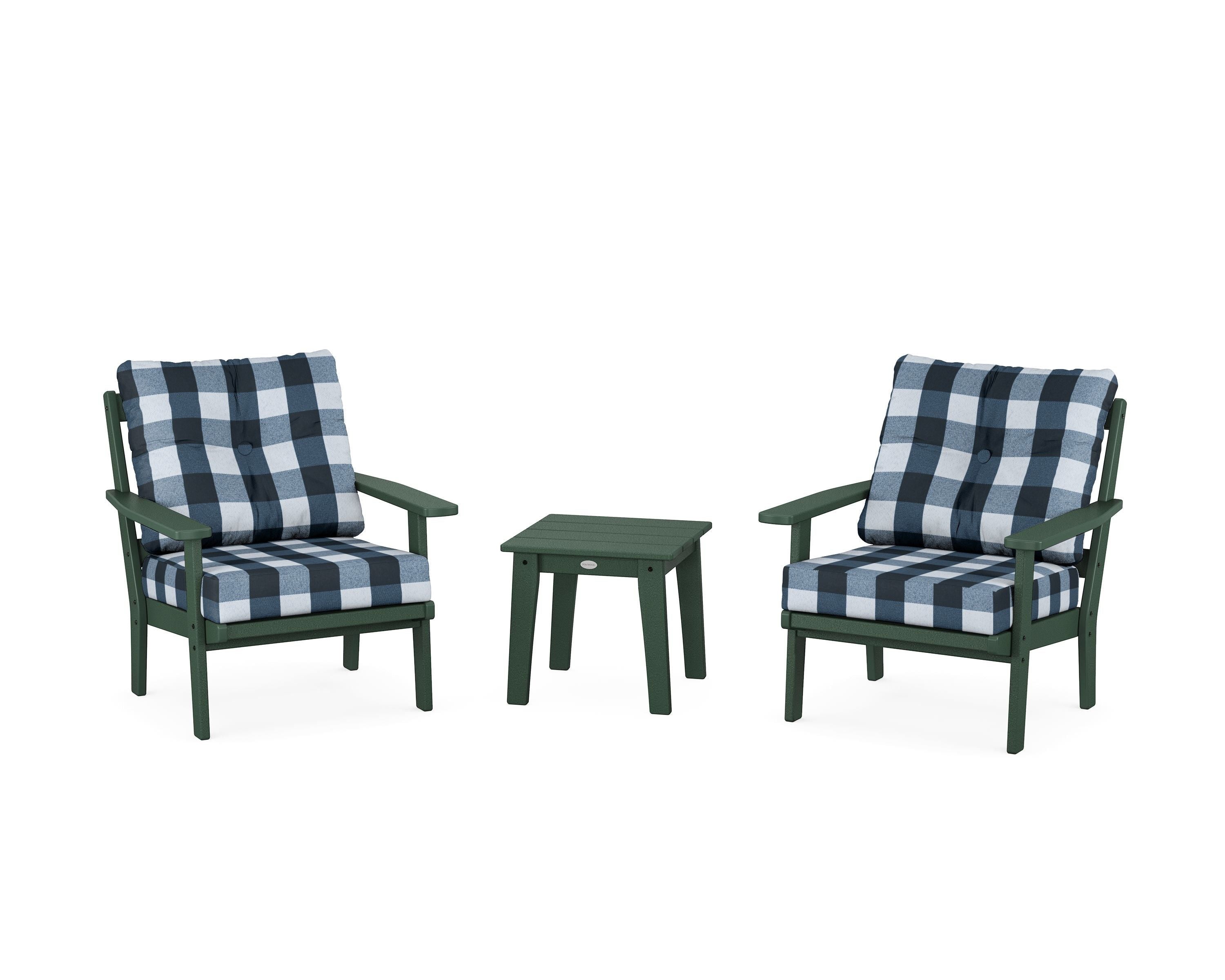 POLYWOOD® Prairie 3-Piece Deep Seating Set in Green / Buffalo Plaid Marine Indigo