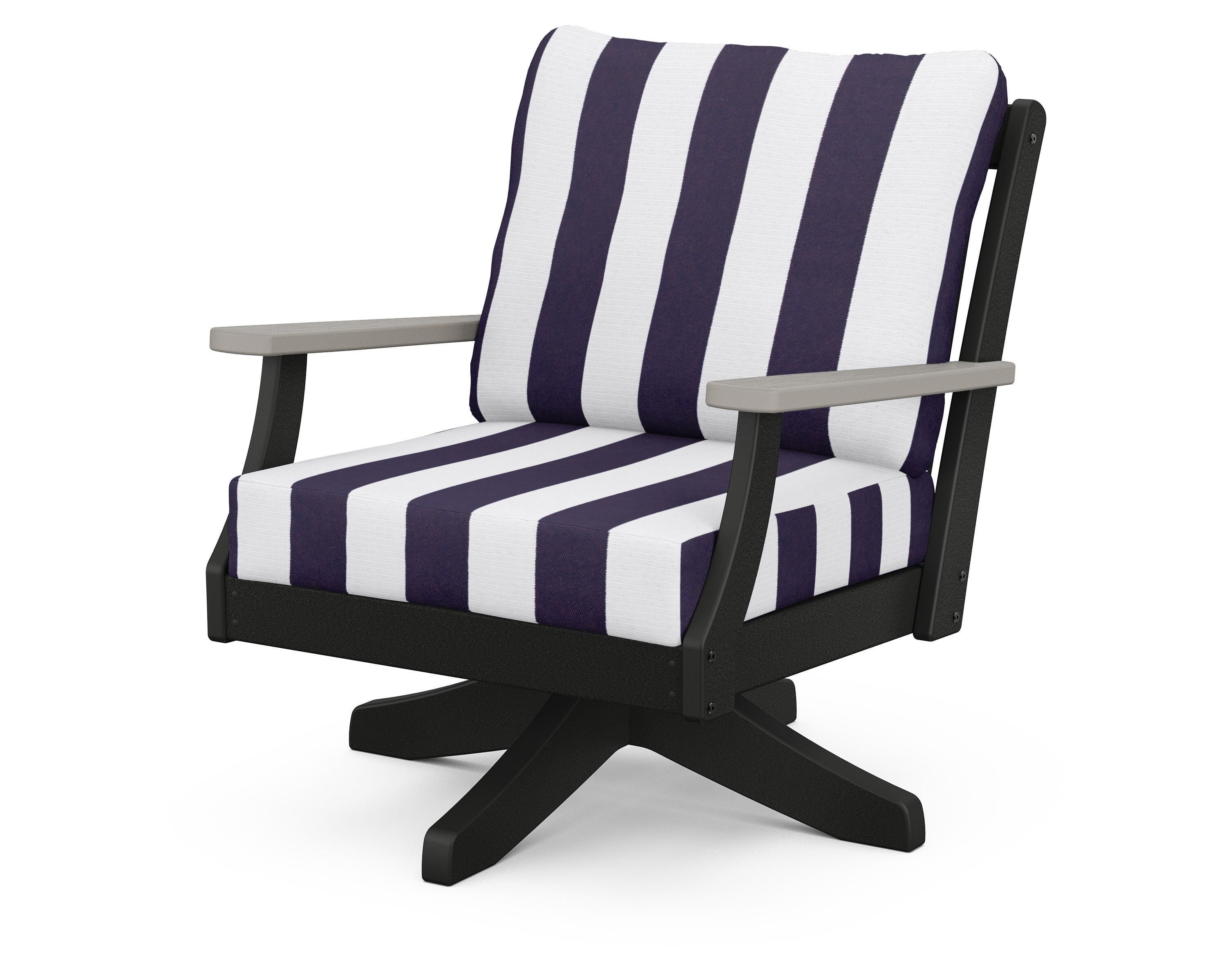 POLYWOOD® Braxton Deep Seating Swivel Chair in Black / Driftwood / Cabana Stripe Navy