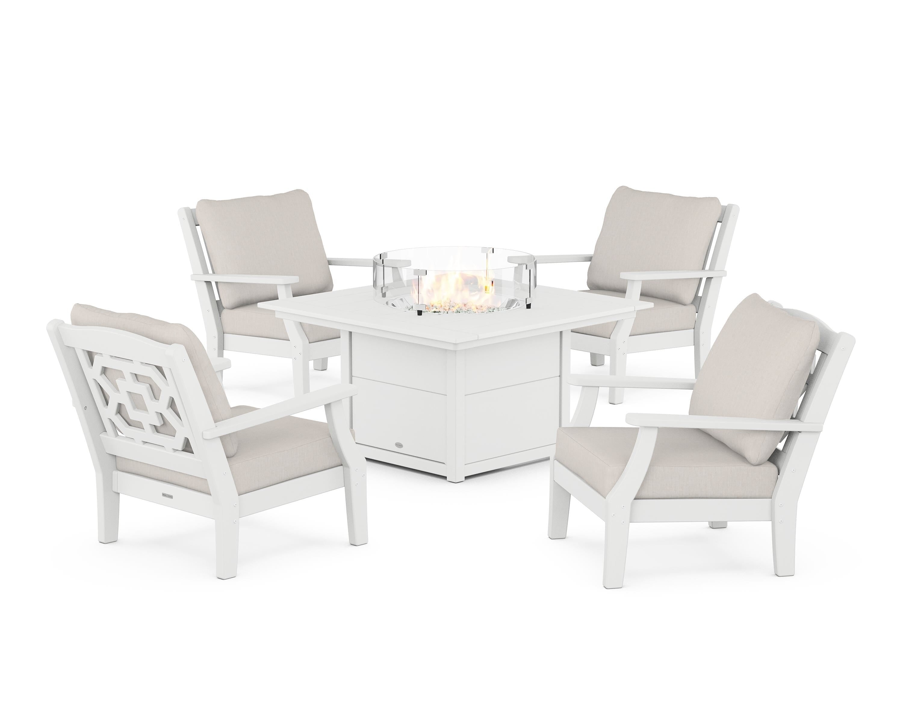 Martha Stewart by POLYWOOD® Chinoiserie 5-Piece Deep Seating Set with Fire Pit Table in White / Cast Ash