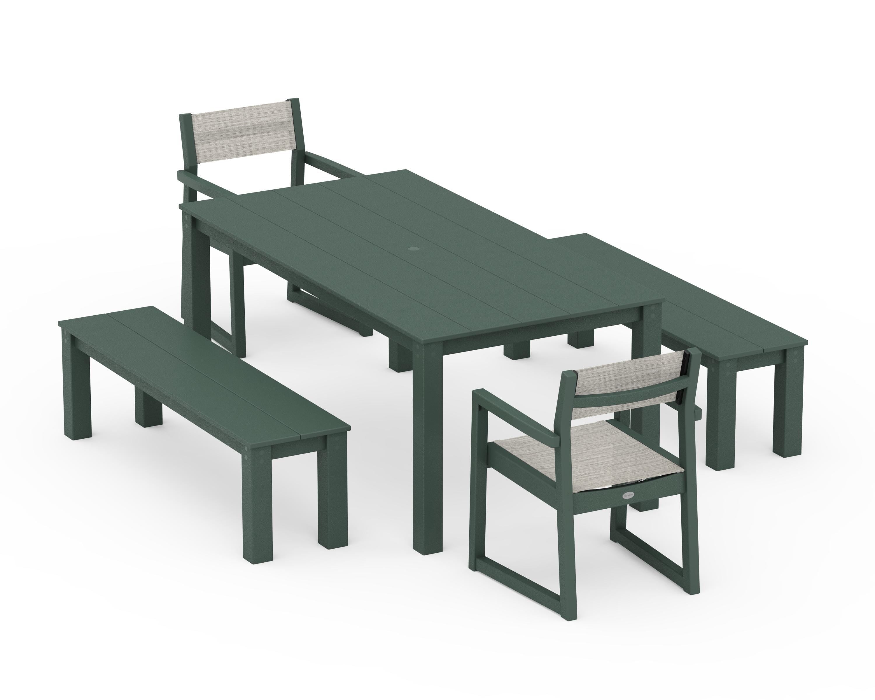 POLYWOOD® EDGE Sling Arm Chair 5-Piece Parsons Dining Set with Benches in Green / Birch Sling
