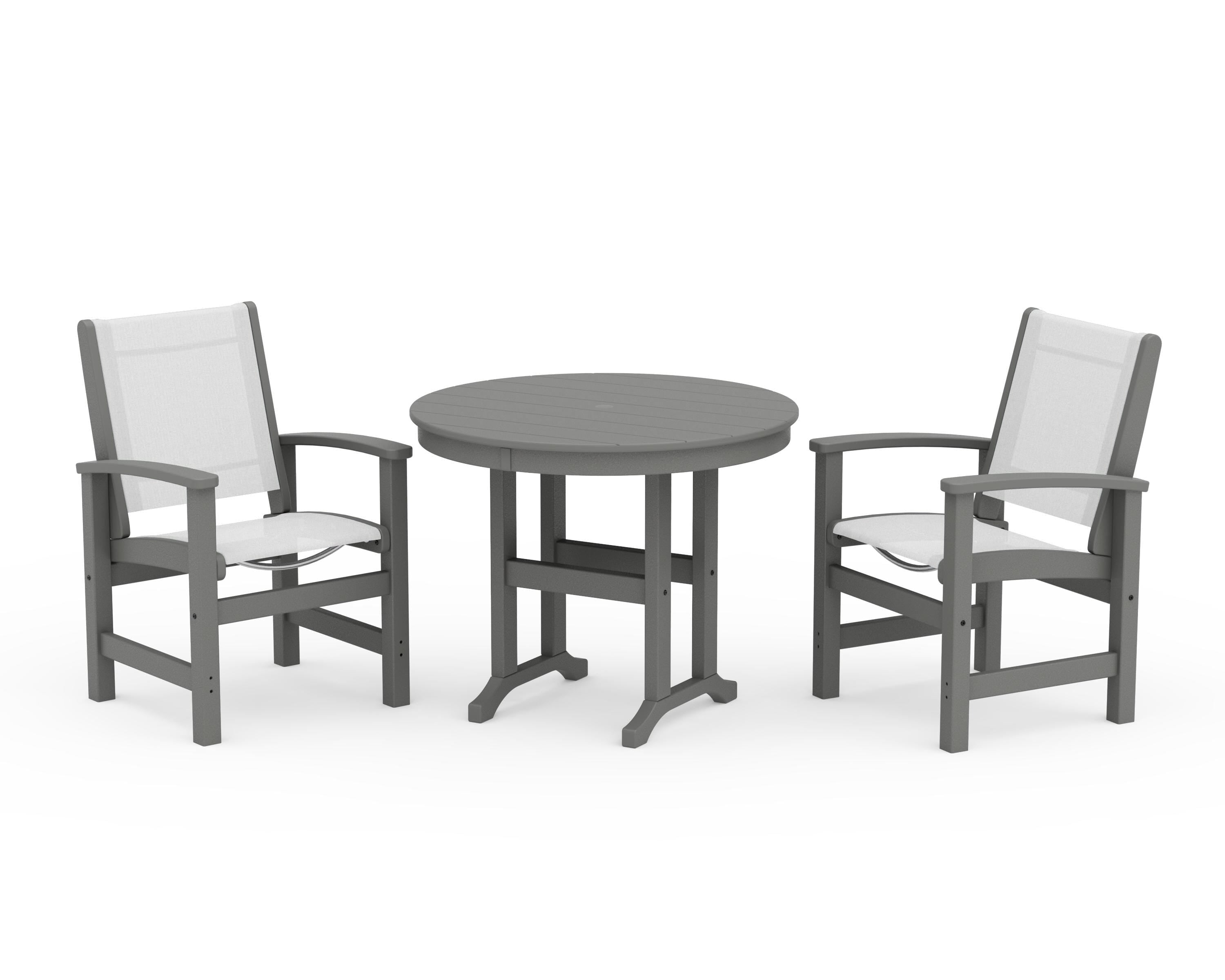 POLYWOOD® Coastal 3-Piece Round Dining Set in Slate Grey / White Sling