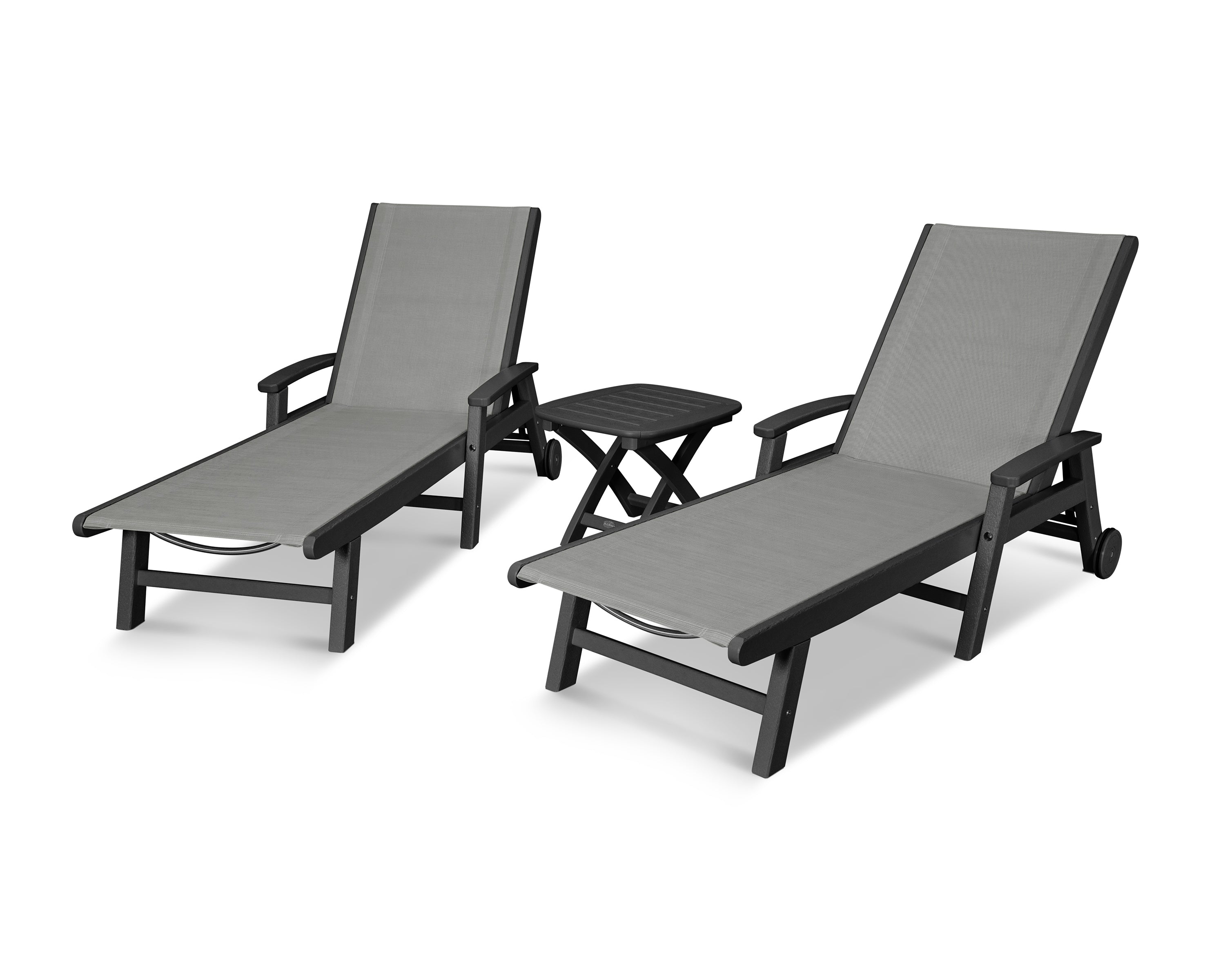 POLYWOOD® Coastal 3-Piece Wheeled Chaise Set in Black / Metallic Sling