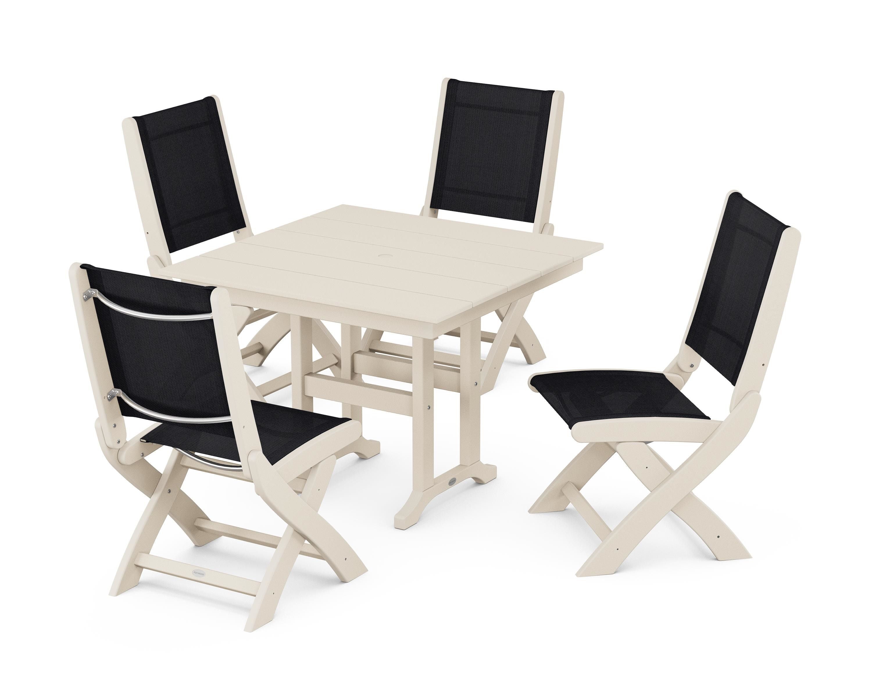 POLYWOOD® Coastal Folding Side Chair 5-Piece Farmhouse Dining Set in Sand / Black Sling