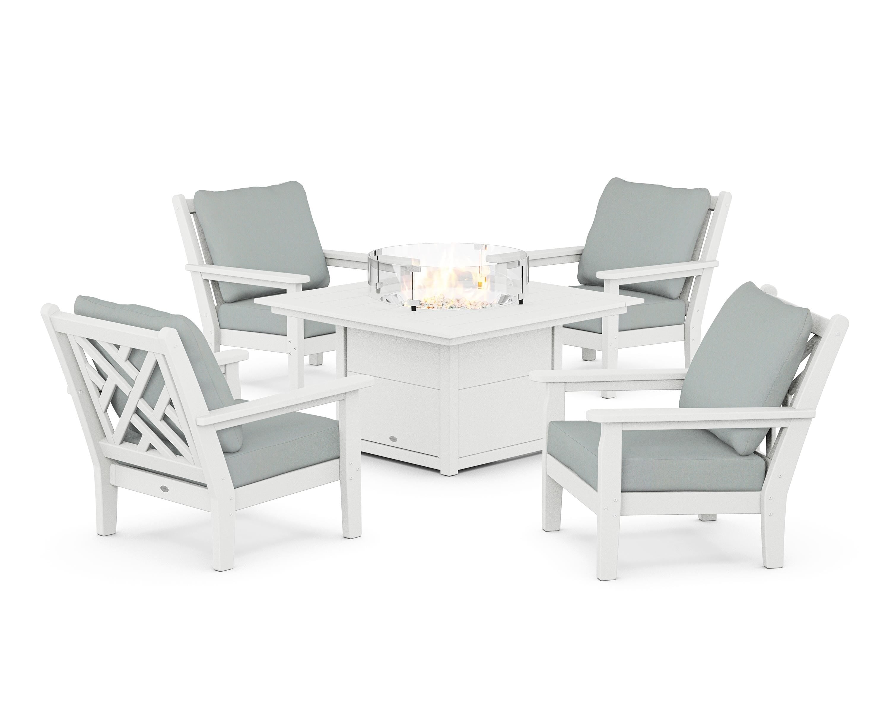 POLYWOOD® Chippendale 5-Piece Deep Seating Set with Fire Pit Table in White / Spa