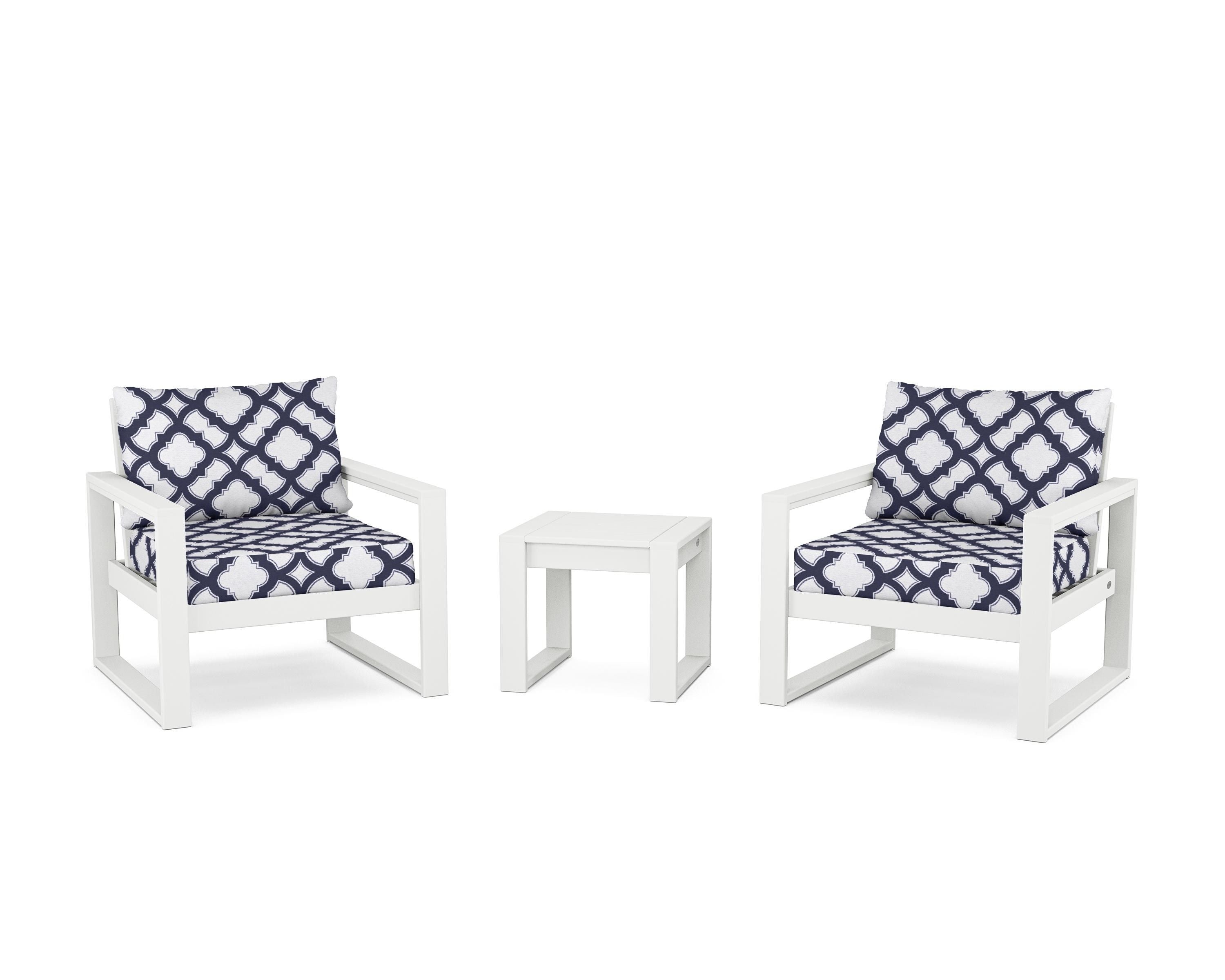 POLYWOOD® EDGE Sectional 3-Piece Deep Seating Set in White / Trellis Navy