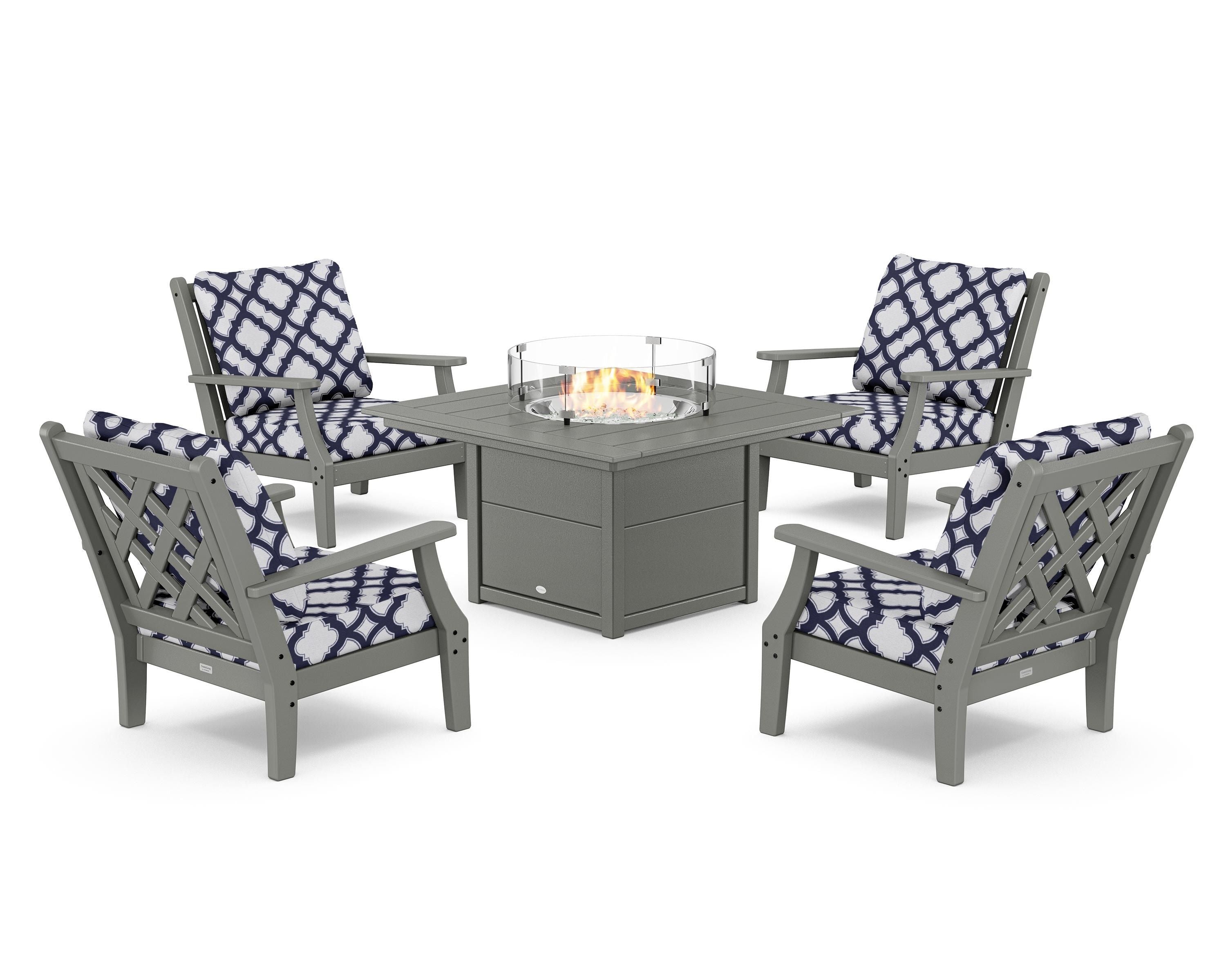 Country Living Wovendale 5-Piece Deep Seating Set with Fire Pit Table in Slate Grey / Trellis Navy