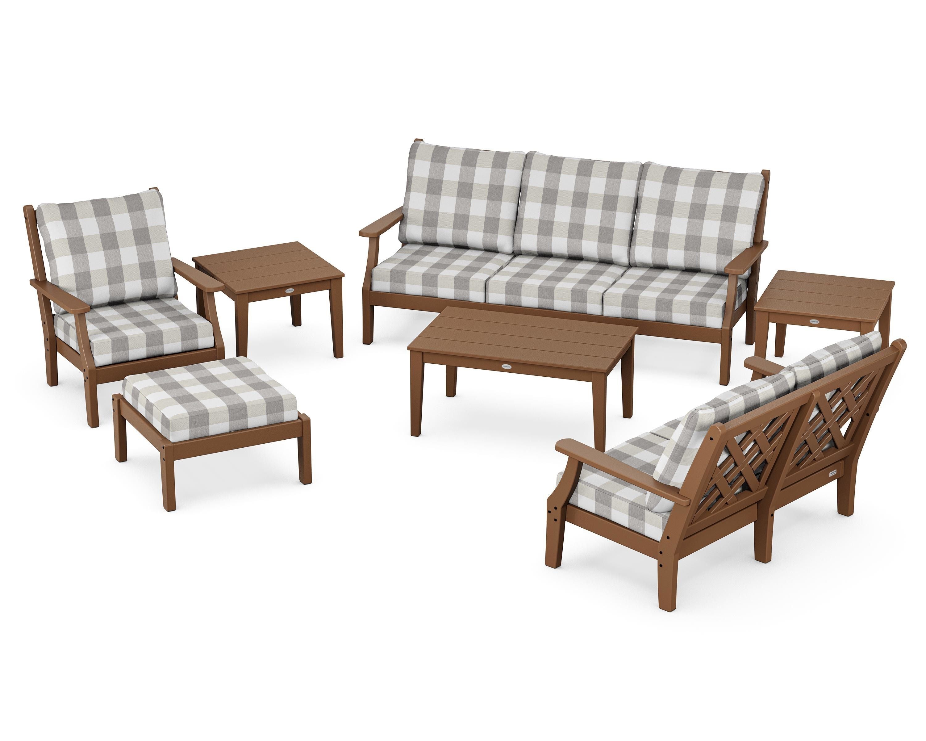 Country Living Wovendale 7-Piece Deep Seating Set in Teak / Buffalo Plaid Grey Mist
