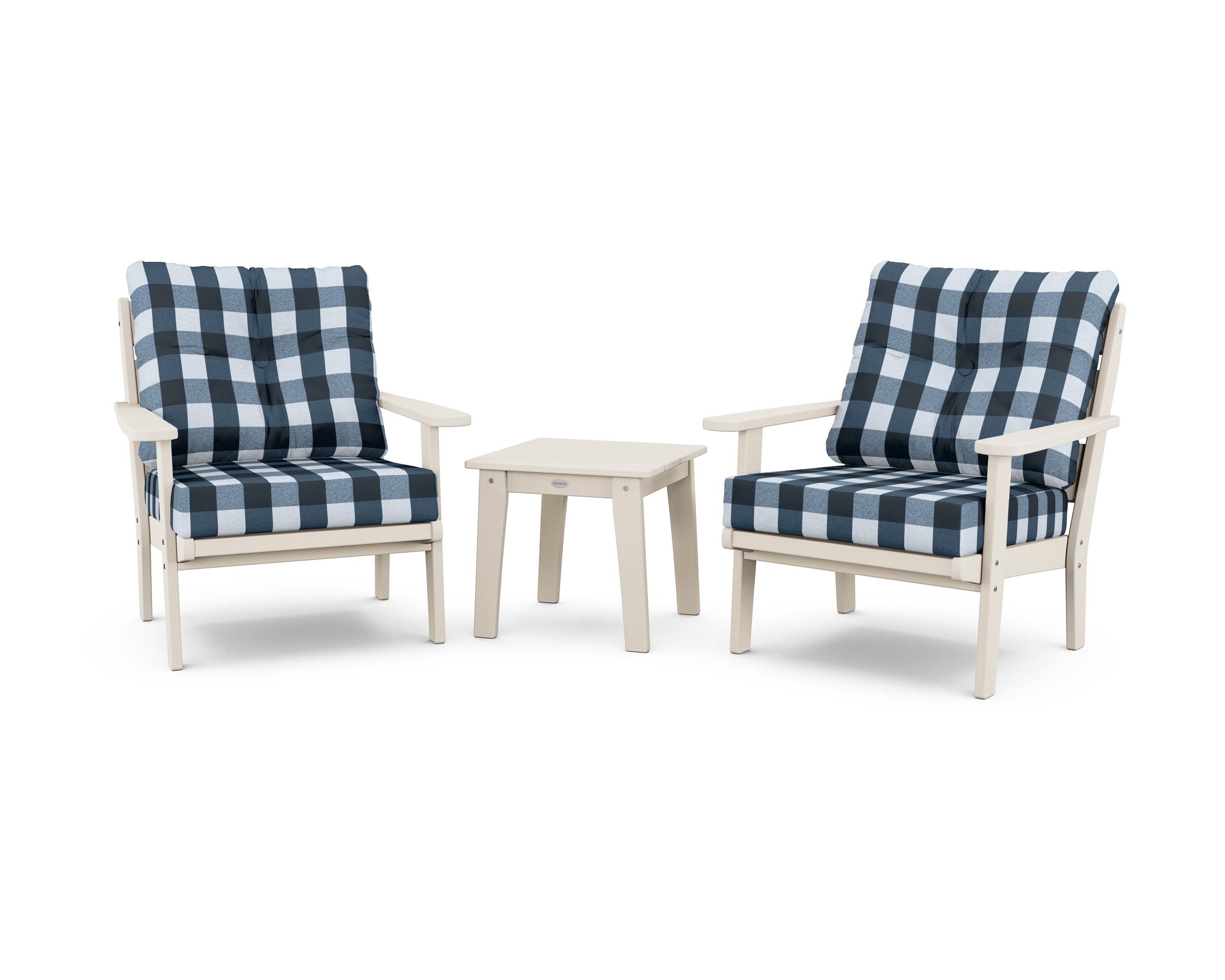 POLYWOOD® Lakeside 3-Piece Deep Seating Chair Set in Sand / Buffalo Plaid Marine Indigo