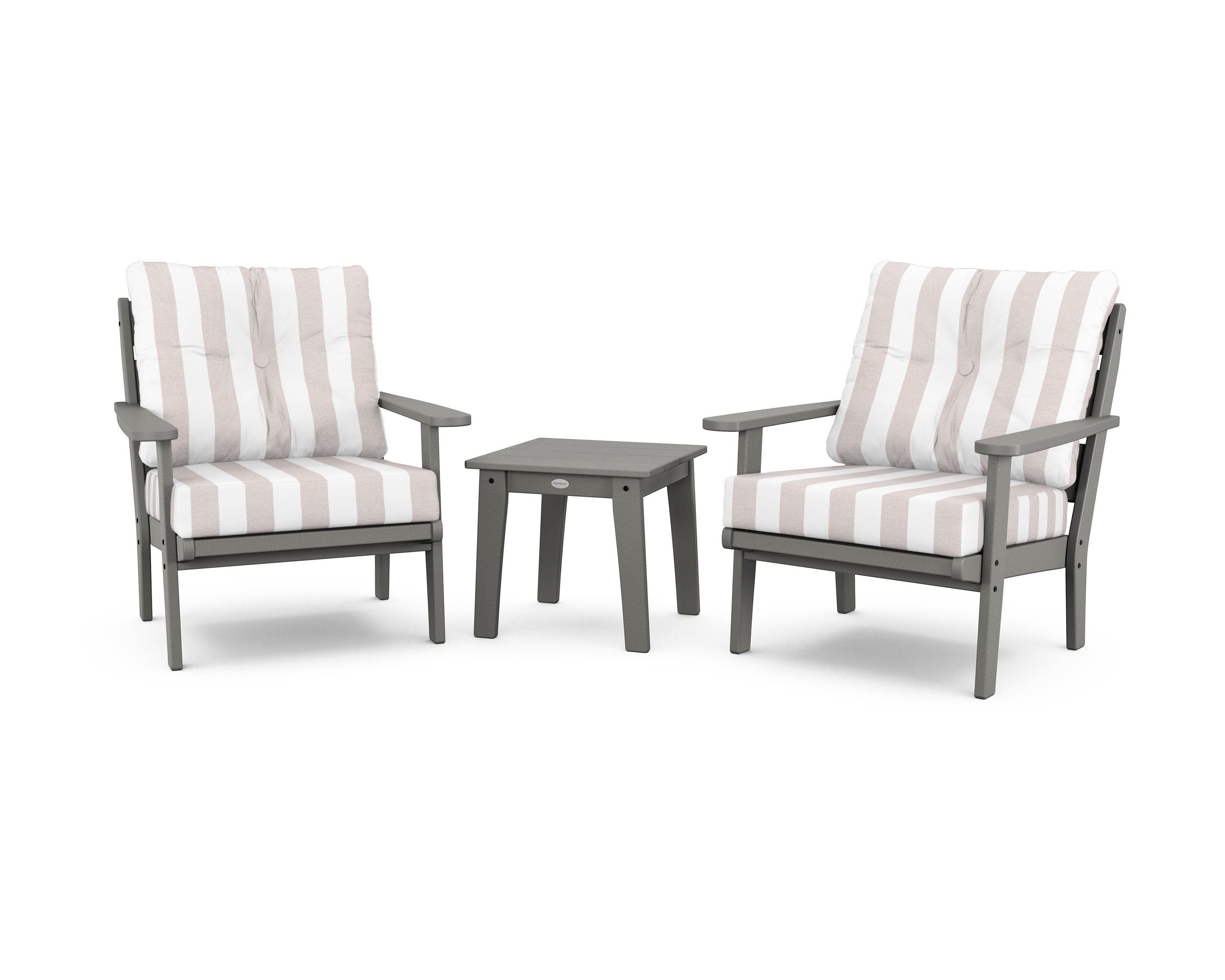 POLYWOOD® Lakeside 3-Piece Deep Seating Chair Set in Slate Grey / Cabana Stripe Dune Burlap