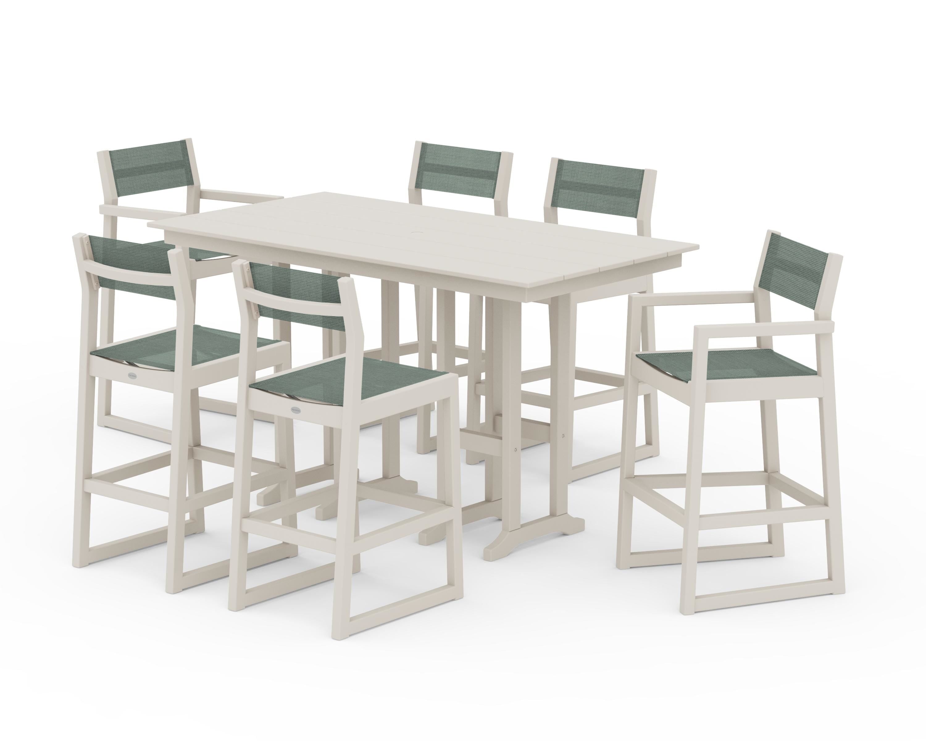 POLYWOOD® EDGE Sling 7-Piece Farmhouse Bar Set in Sand / Dupioni Sea Mist Sling