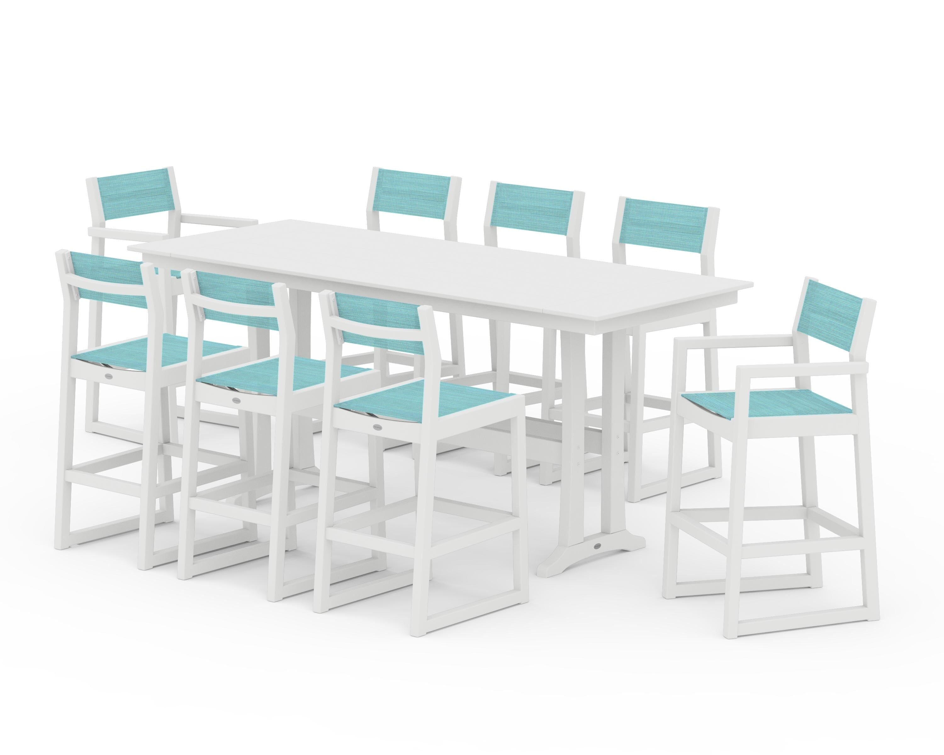 POLYWOOD® EDGE Sling 9-Piece Farmhouse Bar Set with Trestle Legs in White / Dupioni Aquamarine Sling