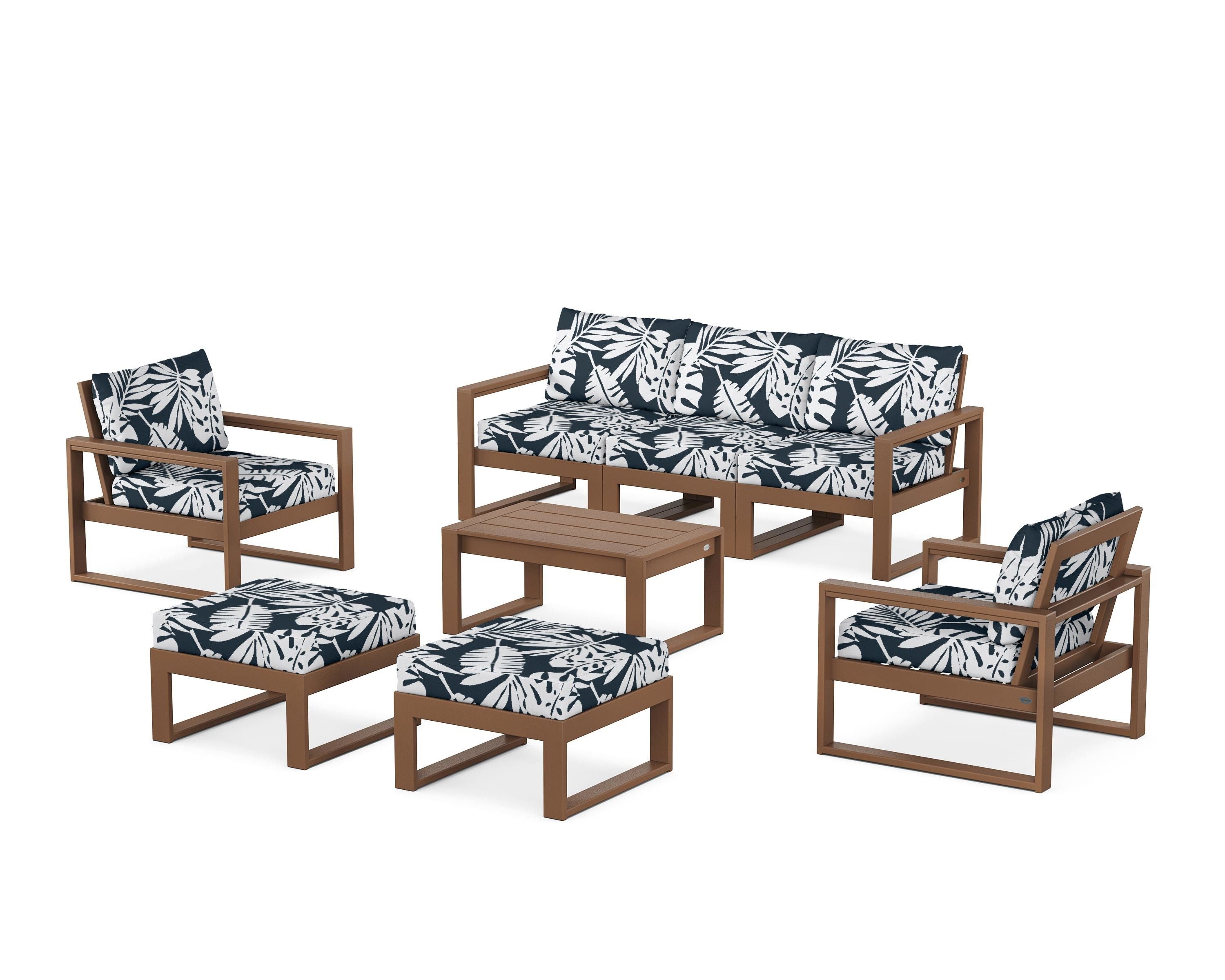 POLYWOOD® EDGE Sectional 8-Piece Lounge Sofa Set in Teak / Leaf Marine Indigo
