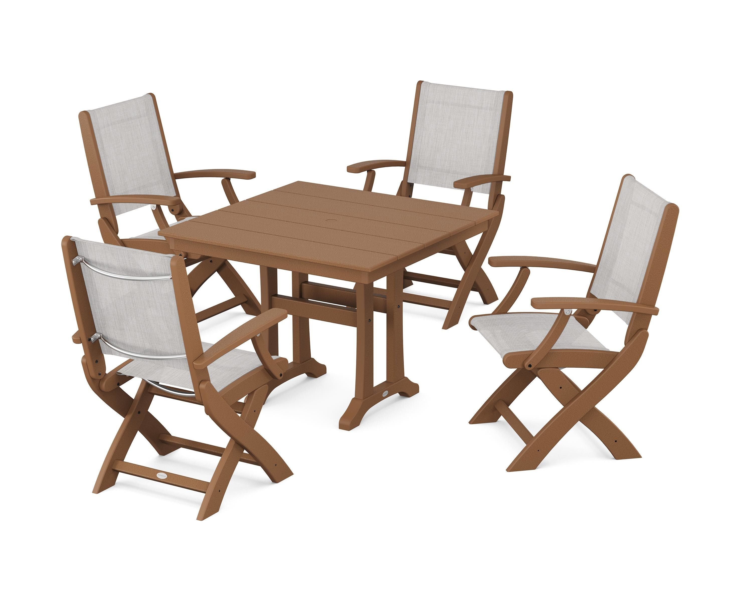 POLYWOOD® Coastal Folding Chair 5-Piece Farmhouse Dining Set With Trestle Legs in Teak / Parchment Sling