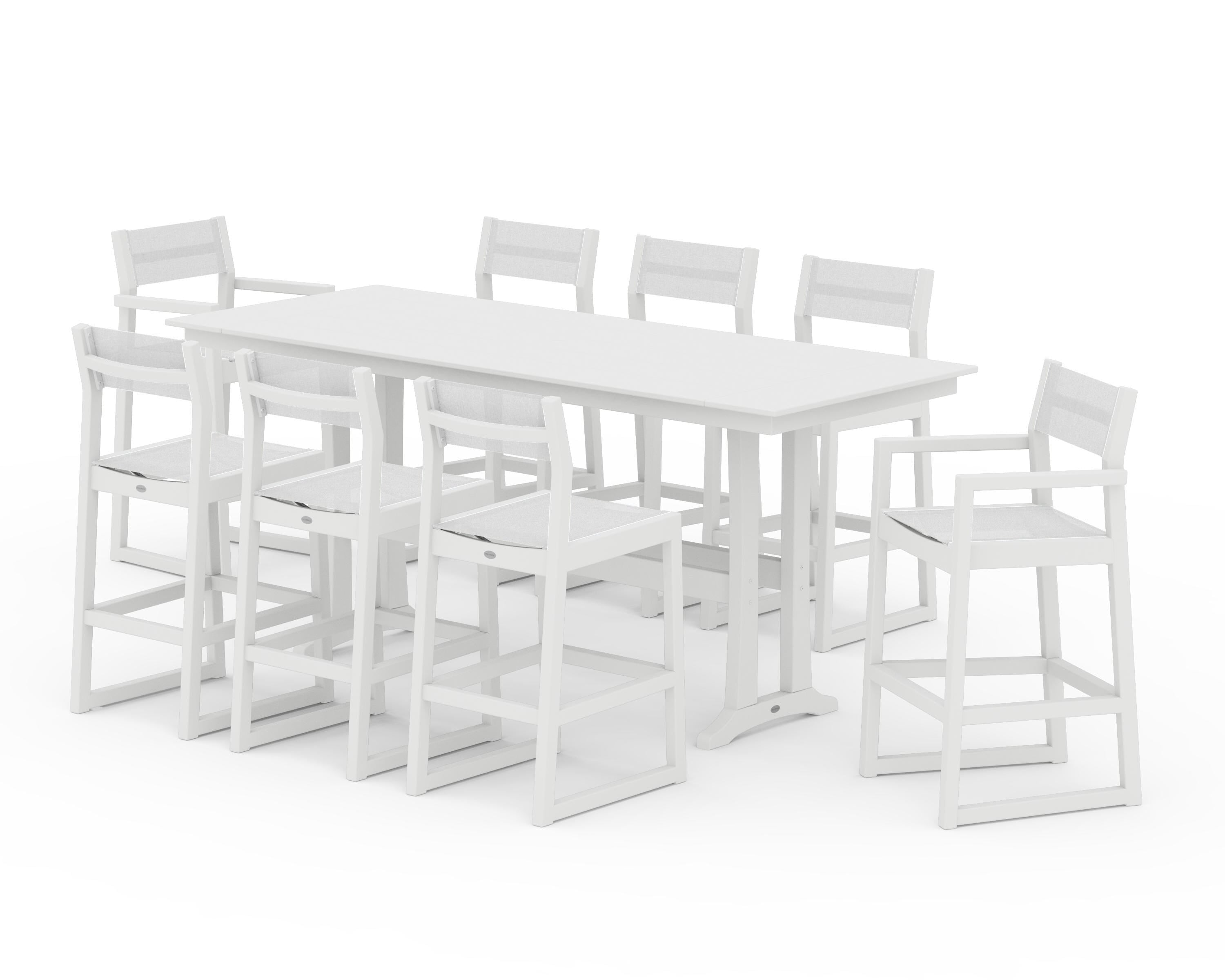 POLYWOOD® EDGE Sling 9-Piece Farmhouse Bar Set with Trestle Legs in White / White Sling