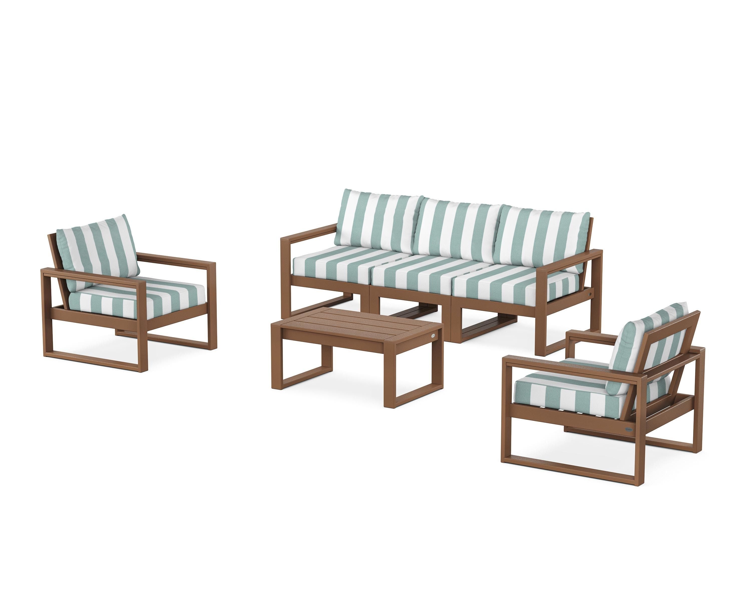 POLYWOOD® EDGE Sectional 4-Piece Deep Seating Set with Sofa in Teak / Cabana Stripe Glacier Spa