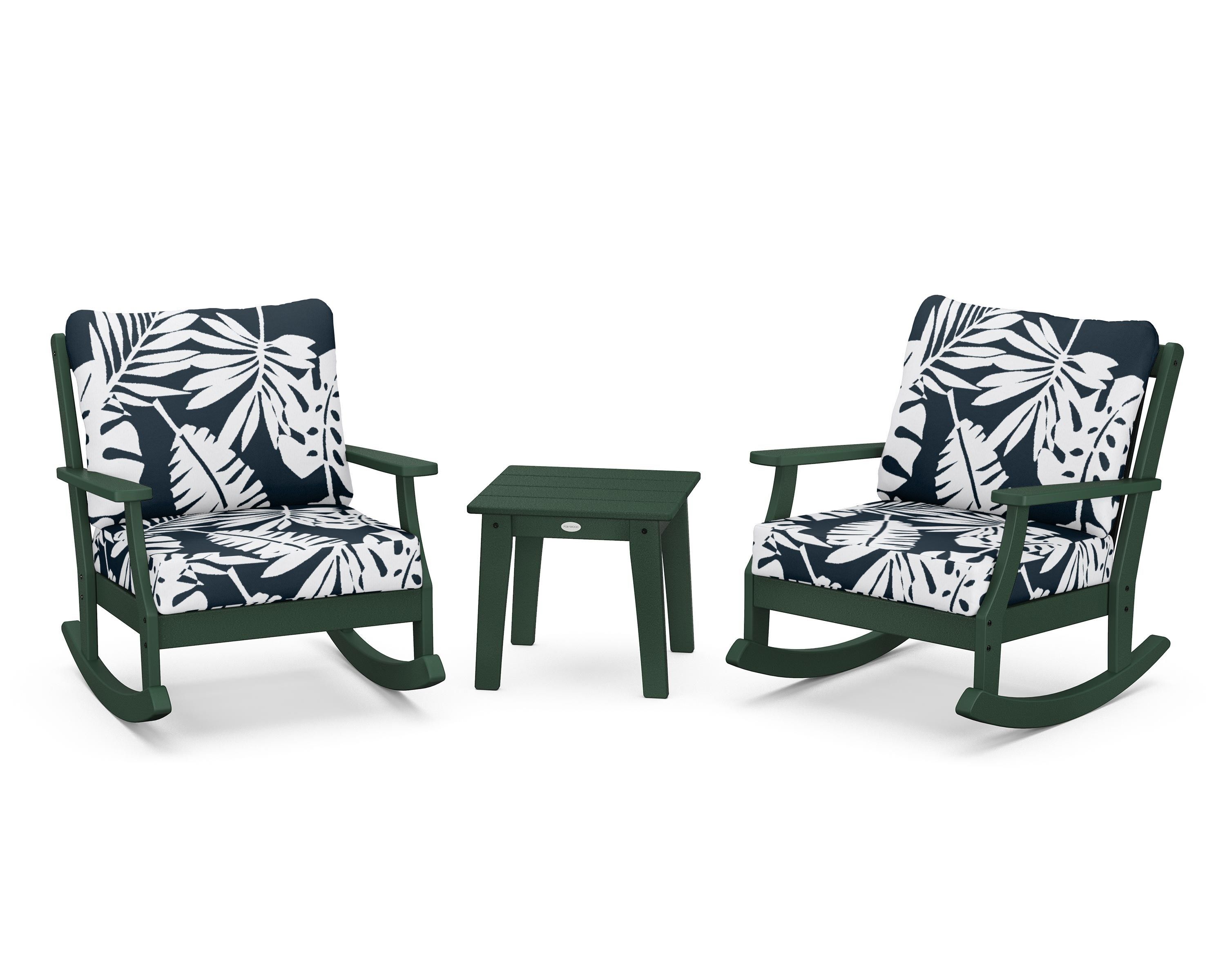POLYWOOD® Braxton 3-Piece Deep Seating Rocker Set in Green / Leaf Marine Indigo