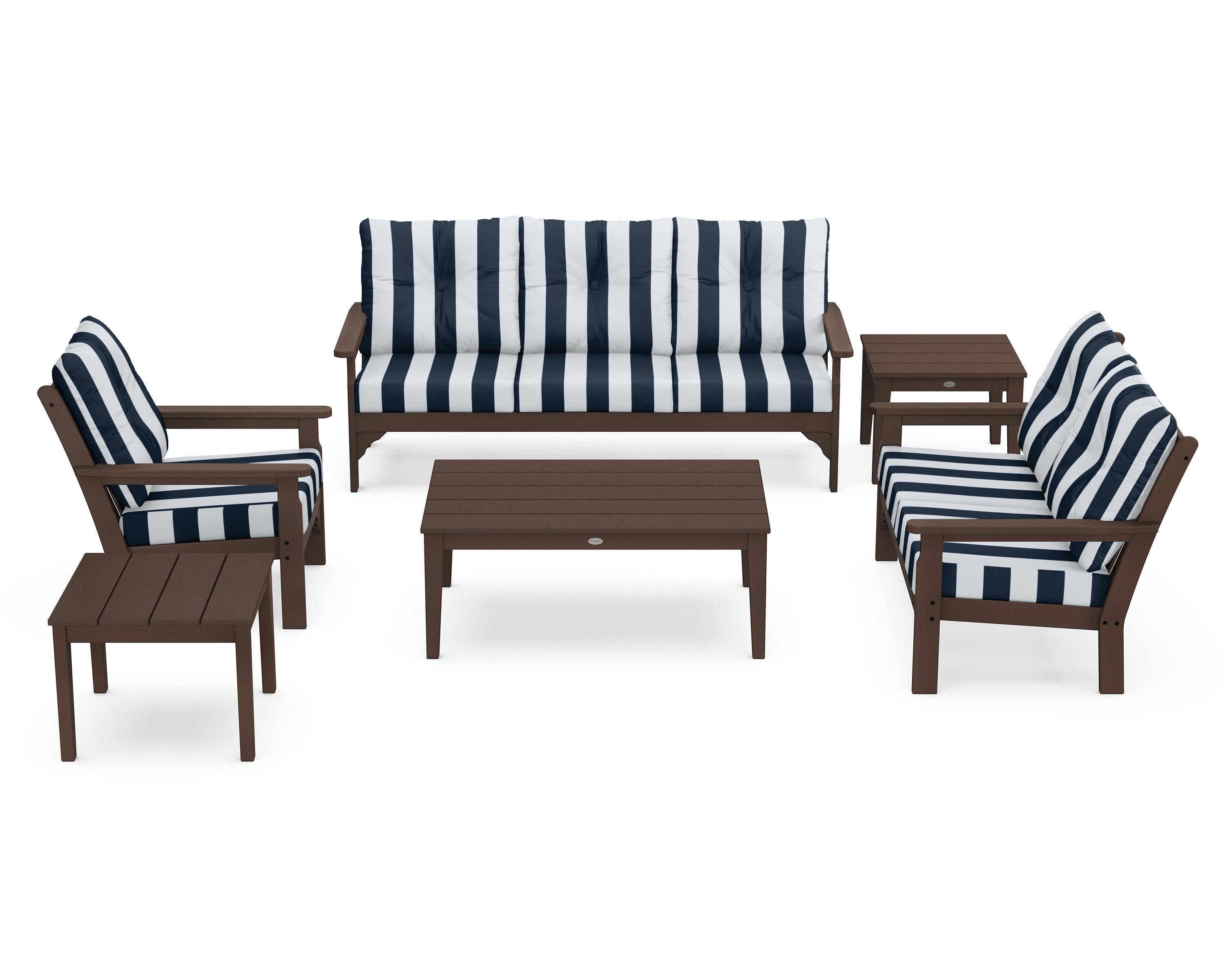 POLYWOOD® Vineyard 6-Piece Deep Seating Set in Mahogany / Cabana Stripe Marine Indigo