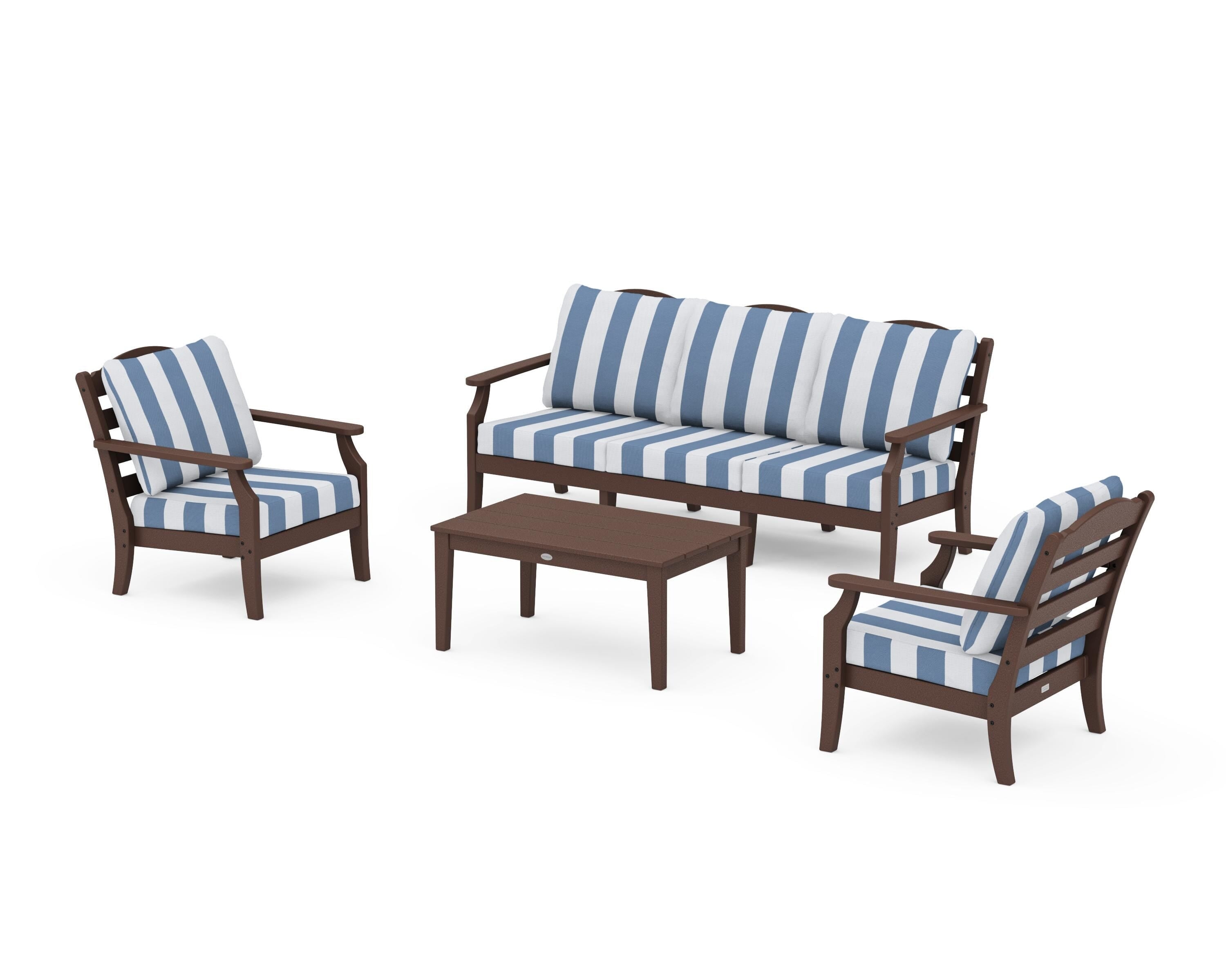 Draper James™ by POLYWOOD® Savannah 4-Piece Deep Seating Set with Sofa in Mahogany / Cabana Stripe Sky Blue