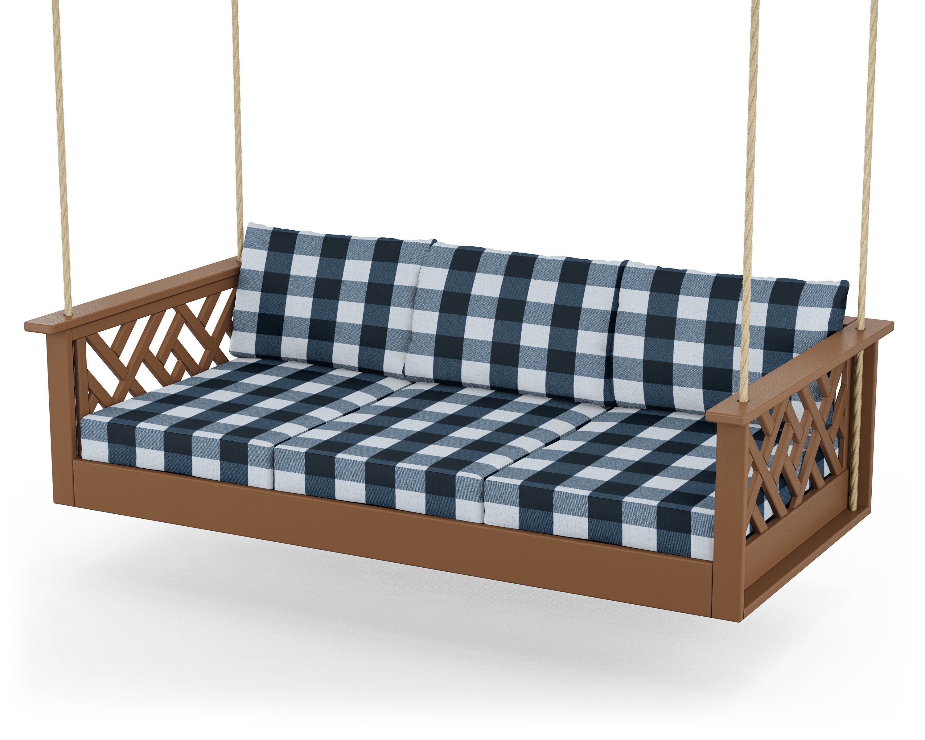 POLYWOOD® Chippendale Daybed Swing in Teak / Buffalo Plaid Marine Indigo
