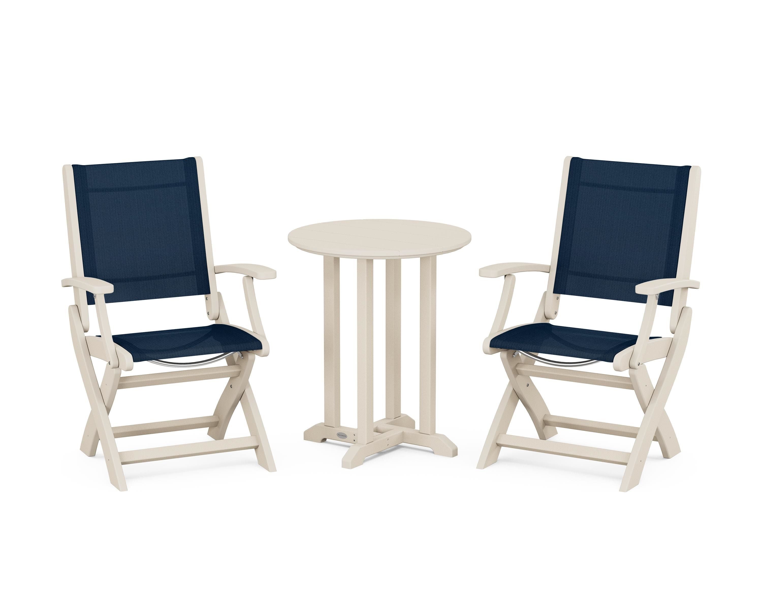 POLYWOOD® Coastal Folding 3-Piece Round Bistro Dining Set in Sand / Navy Blue Sling