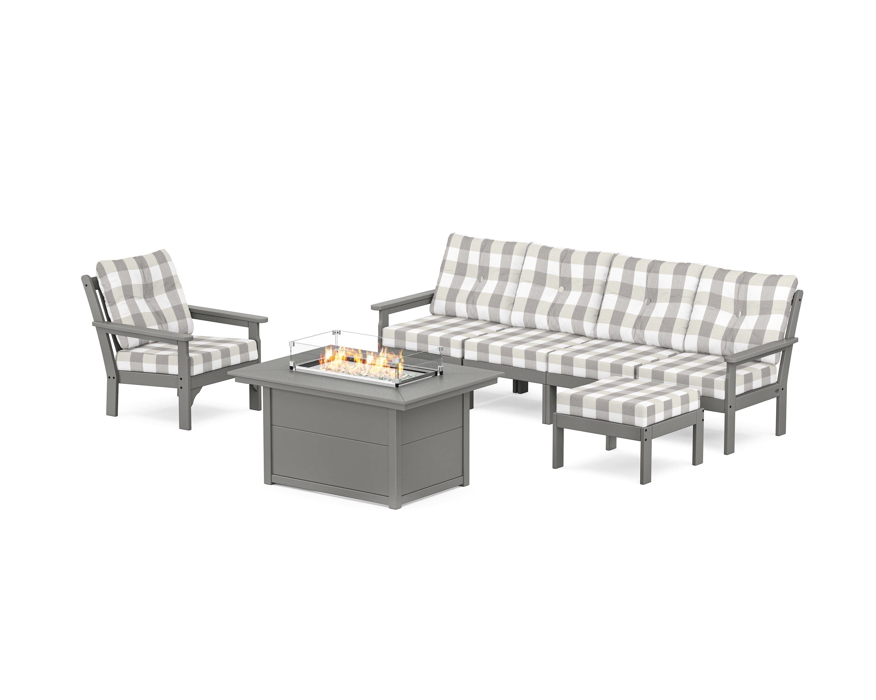 POLYWOOD® Vineyard Sectional Lounge and Fire Pit Set in Slate Grey / Buffalo Plaid Grey Mist