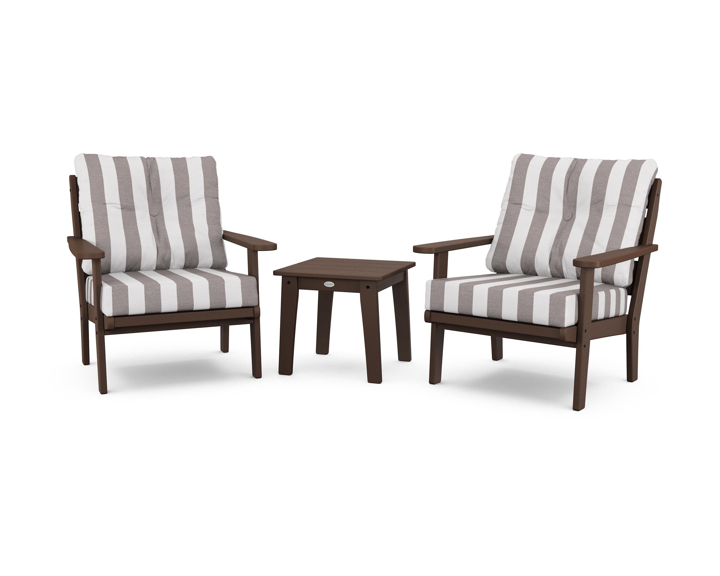POLYWOOD® Lakeside 3-Piece Deep Seating Chair Set in Mahogany / Cabana Stripe Grey Mist