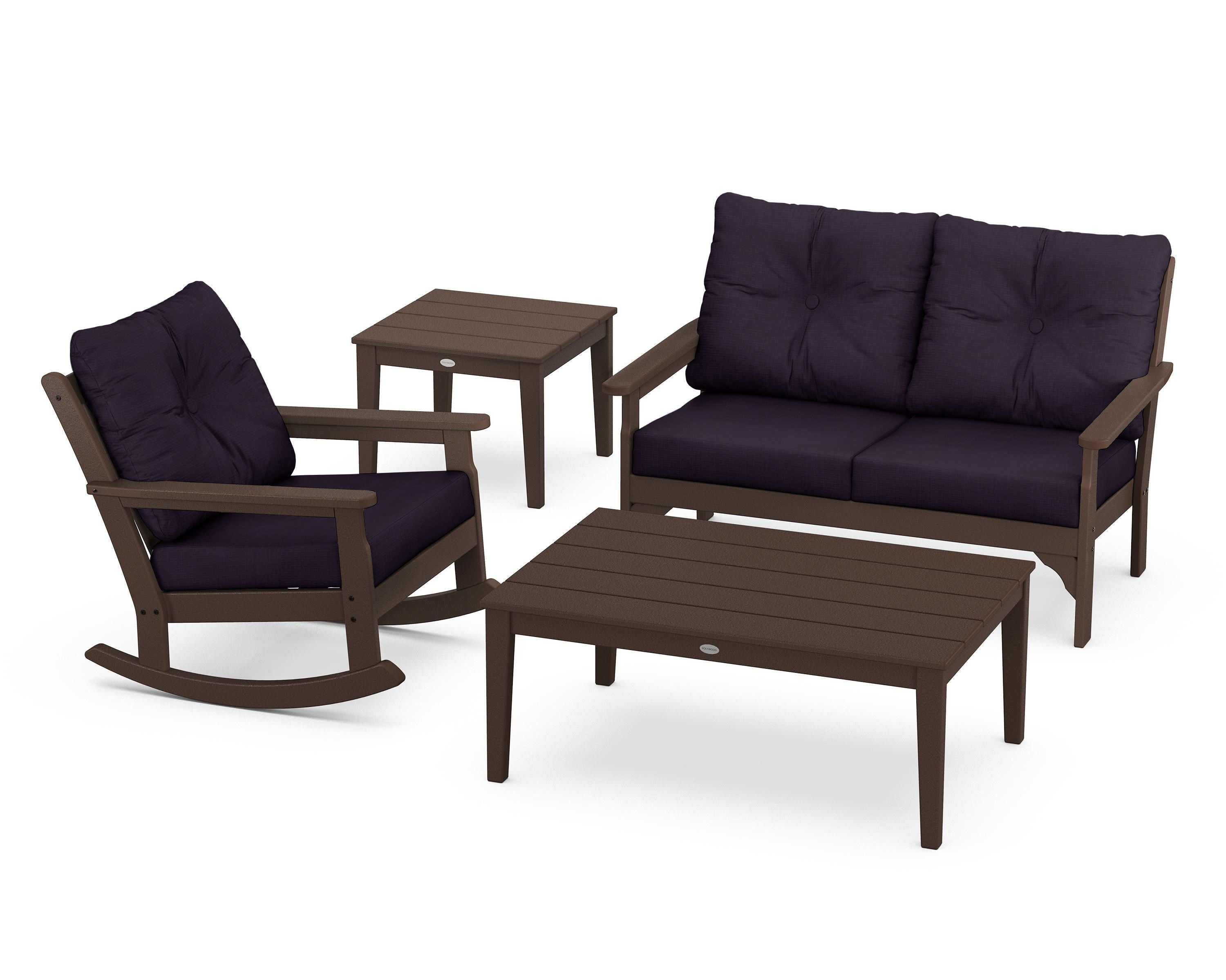 POLYWOOD® Vineyard 4-Piece Deep Seating Rocker Set in Mahogany / Navy Linen