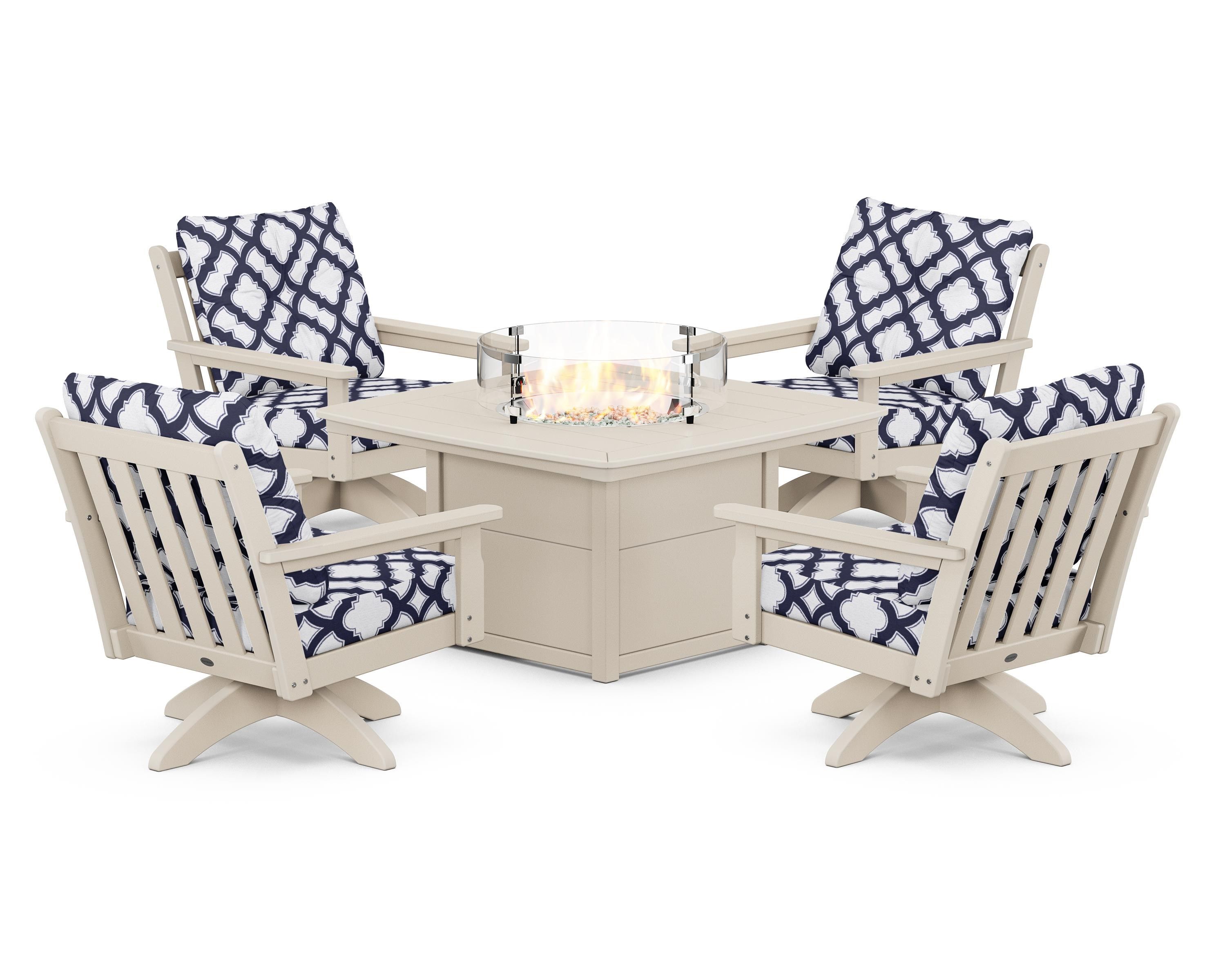 POLYWOOD® Vineyard 5-Piece Deep Seating Swivel Conversation Set with Fire Pit Table in Sand / Trellis Navy