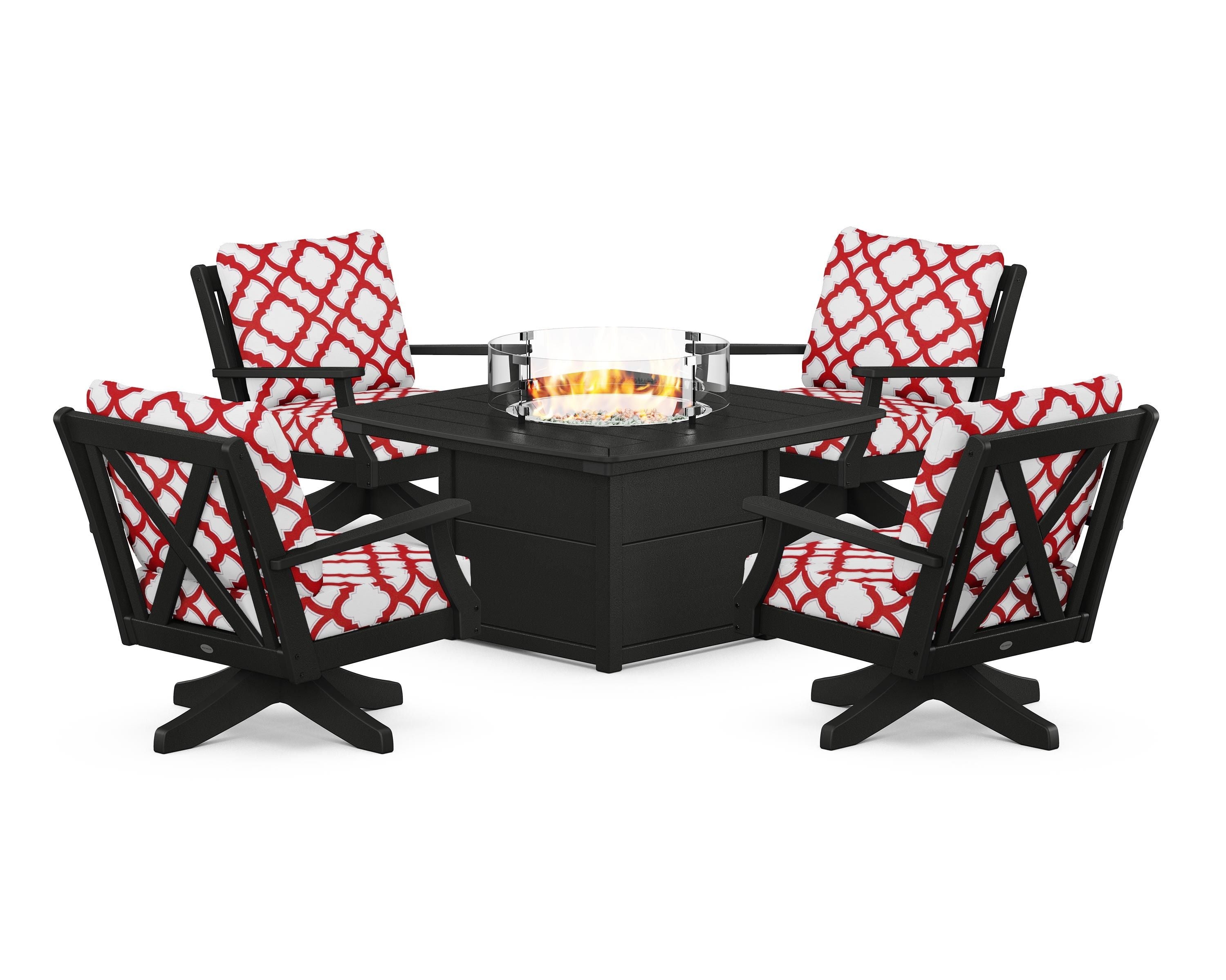 POLYWOOD® Braxton 5-Piece Deep Seating Swivel Conversation Set with Fire Pit Table in Black / Trellis Crimson