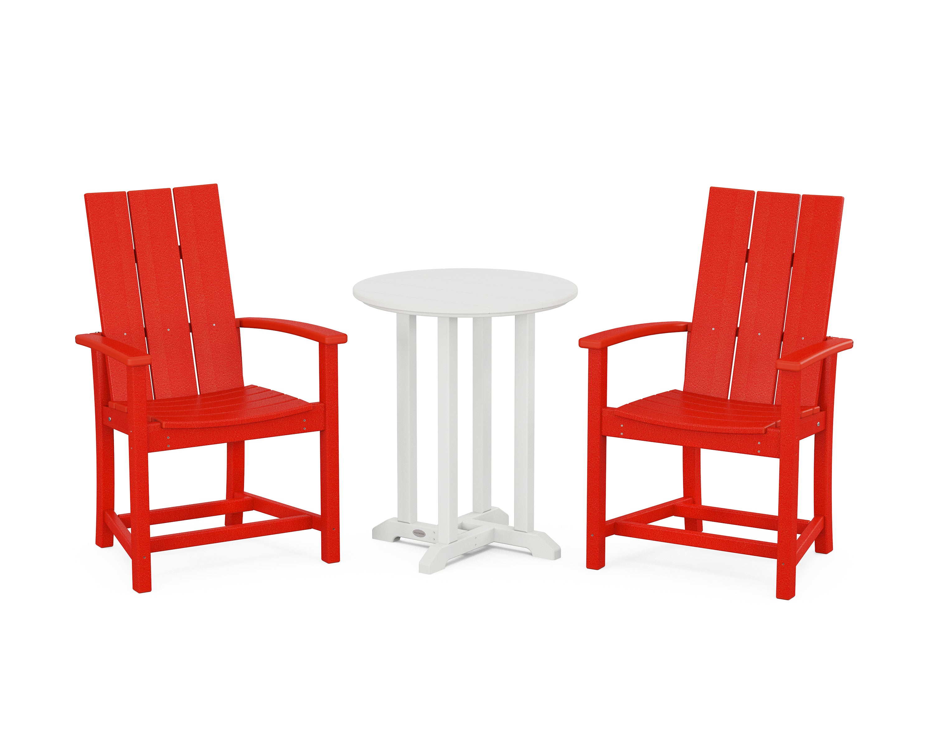 POLYWOOD® Modern Adirondack 3-Piece Round Farmhouse Bistro Dining Set in Sunset Red / White