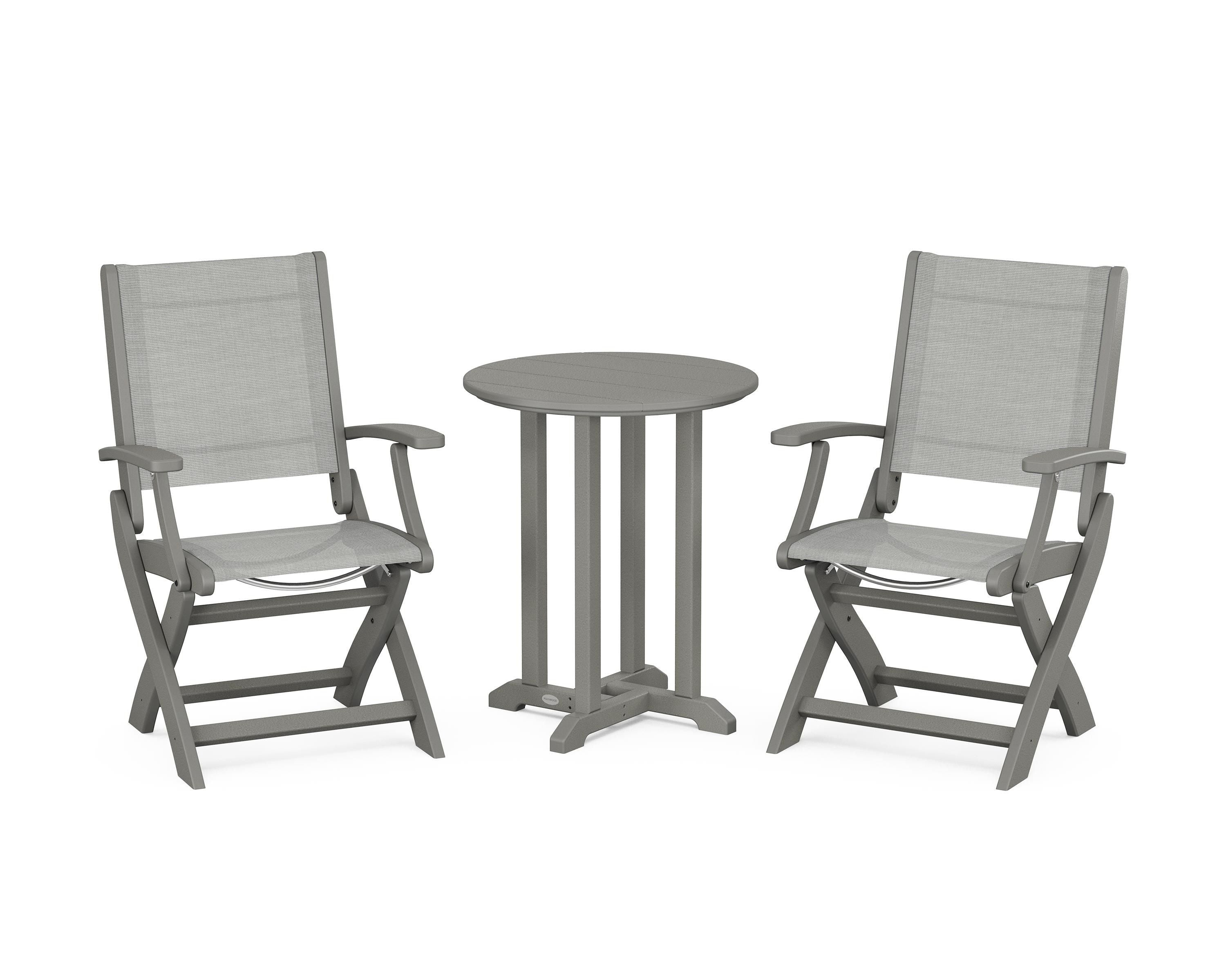 POLYWOOD® Coastal Folding 3-Piece Round Bistro Dining Set in Slate Grey / Metallic Sling