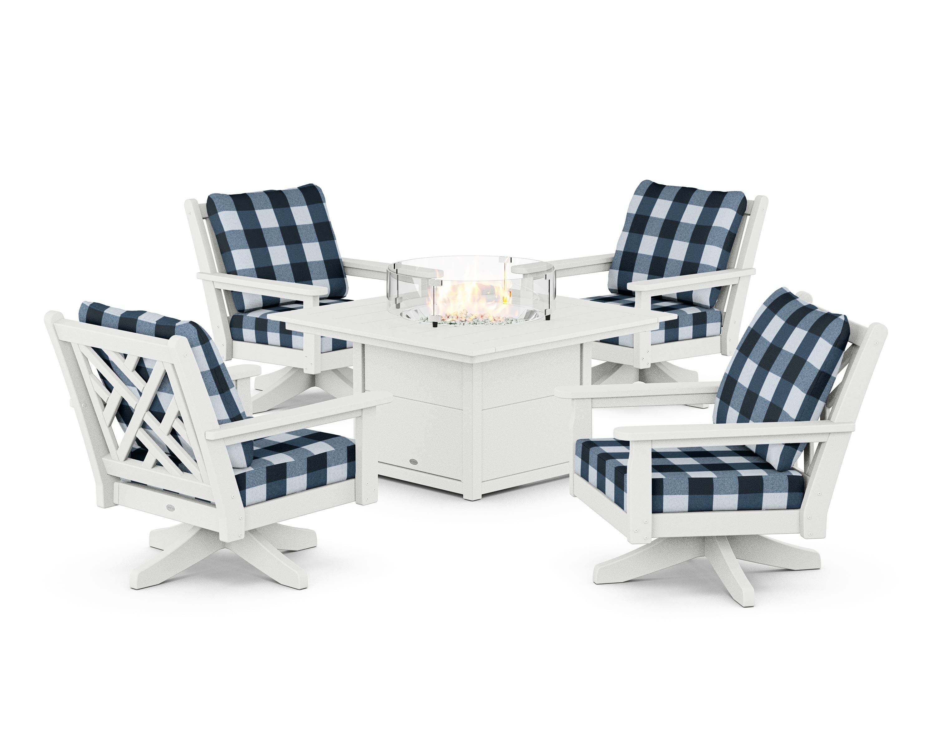 POLYWOOD® Chippendale 5-Piece Deep Seating Swivel Conversation Set with Fire Pit Table in White / Buffalo Plaid Marine Indigo