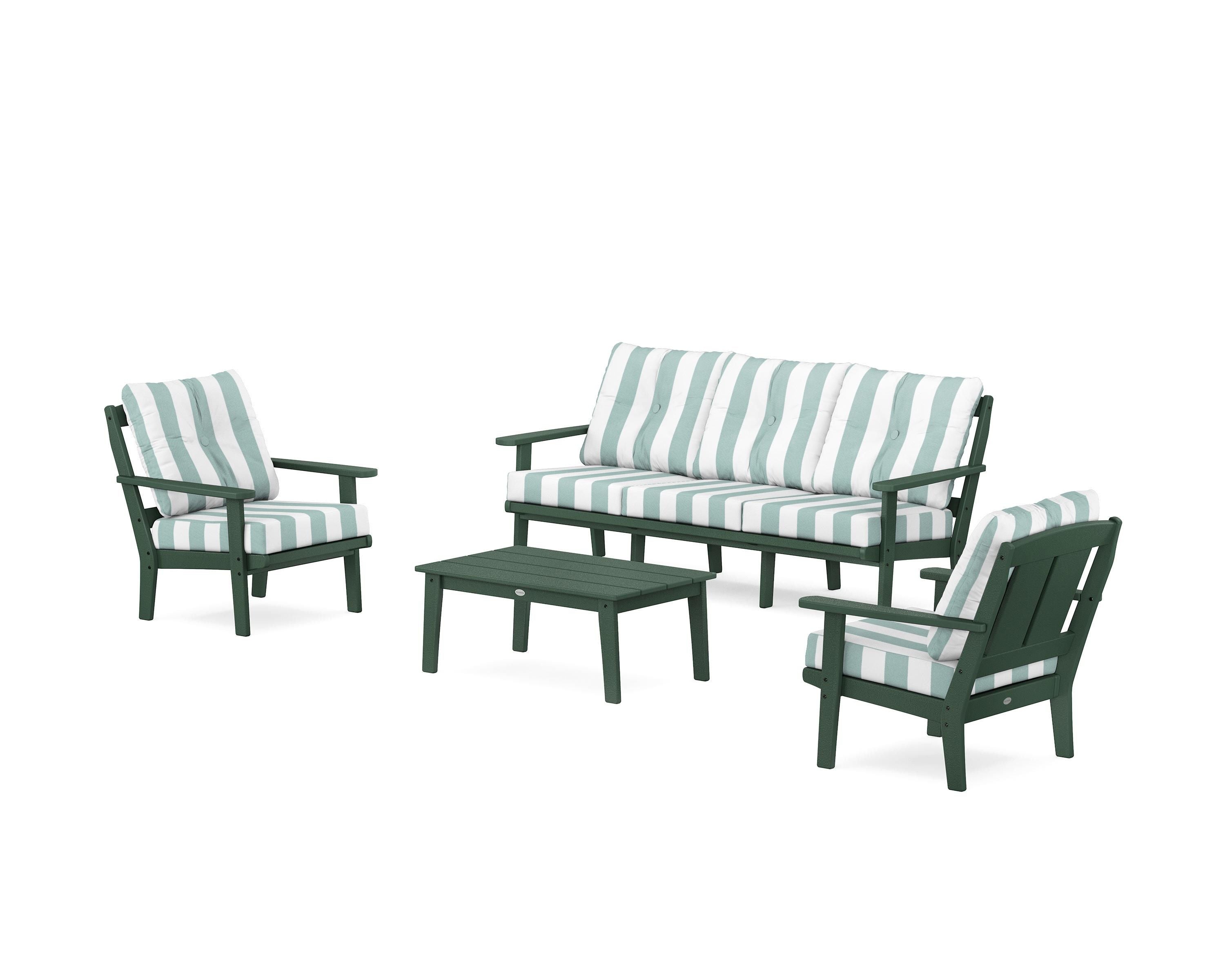 POLYWOOD® Mission 4-Piece Deep Seating Set with Sofa in Green / Cabana Stripe Glacier Spa