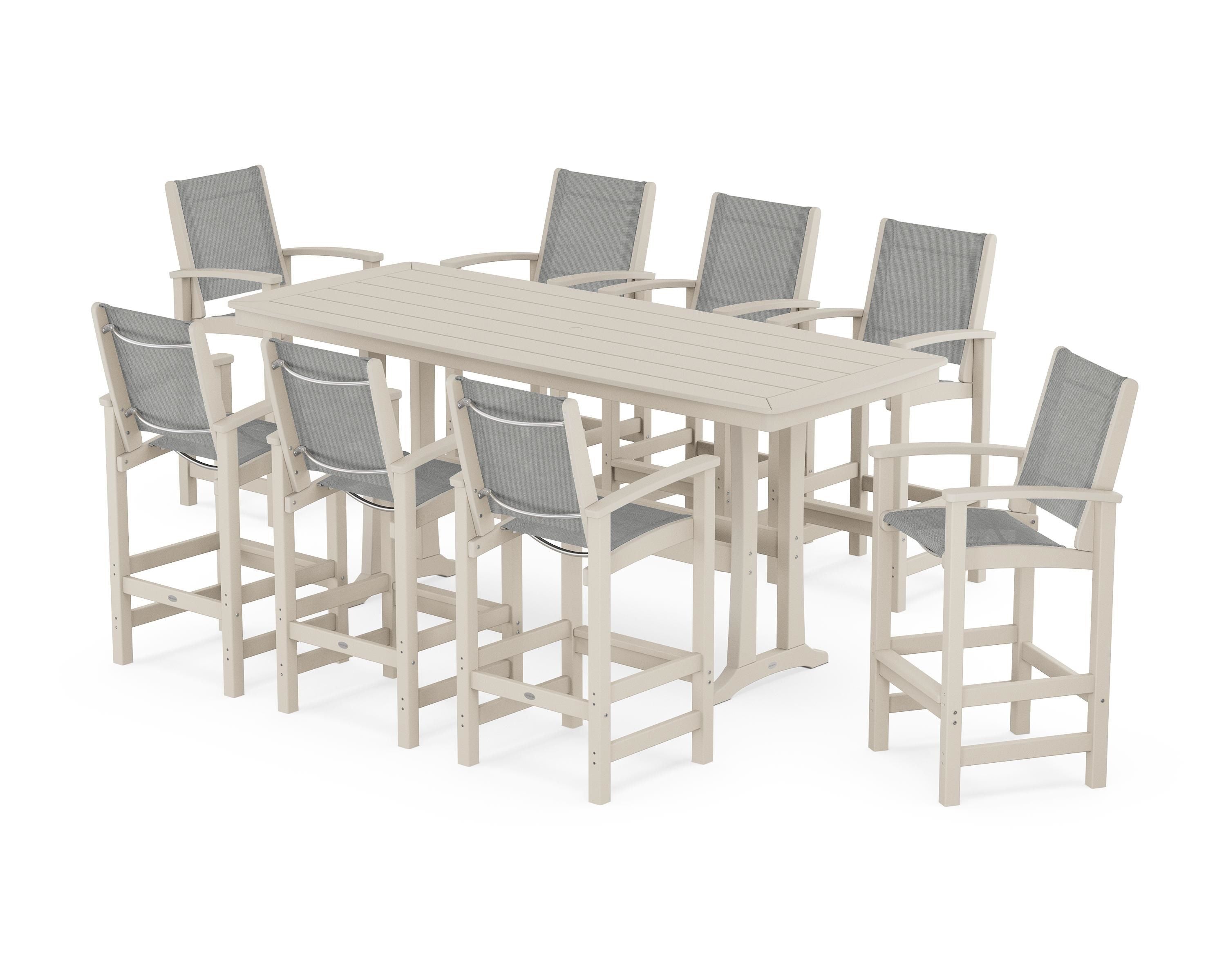 POLYWOOD® Coastal 9-Piece Bar Set with Trestle Legs in Sand / Metallic Sling