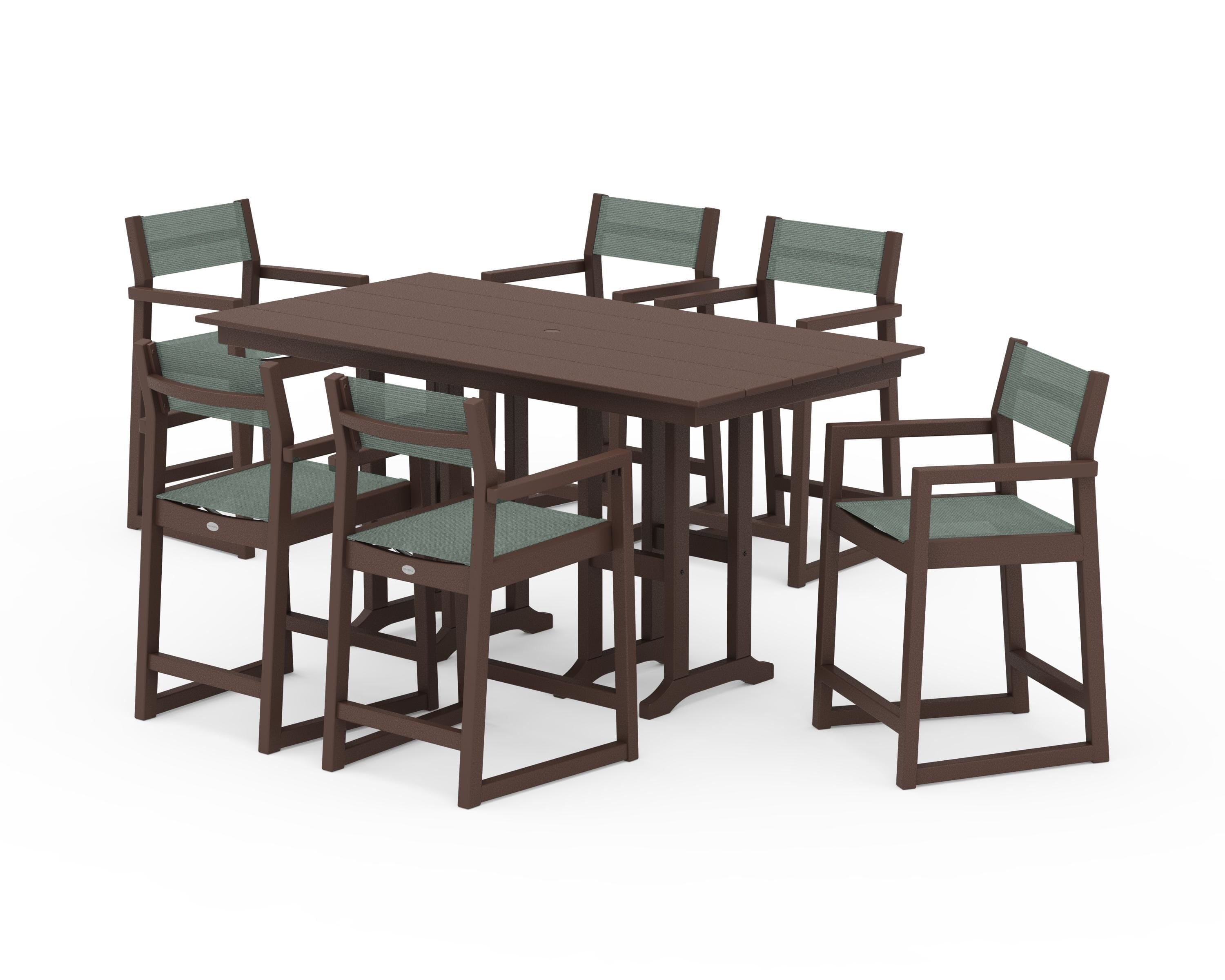 POLYWOOD® EDGE Sling Arm Chair 7-Piece Farmhouse Counter Set in Mahogany / Dupioni Sea Mist Sling