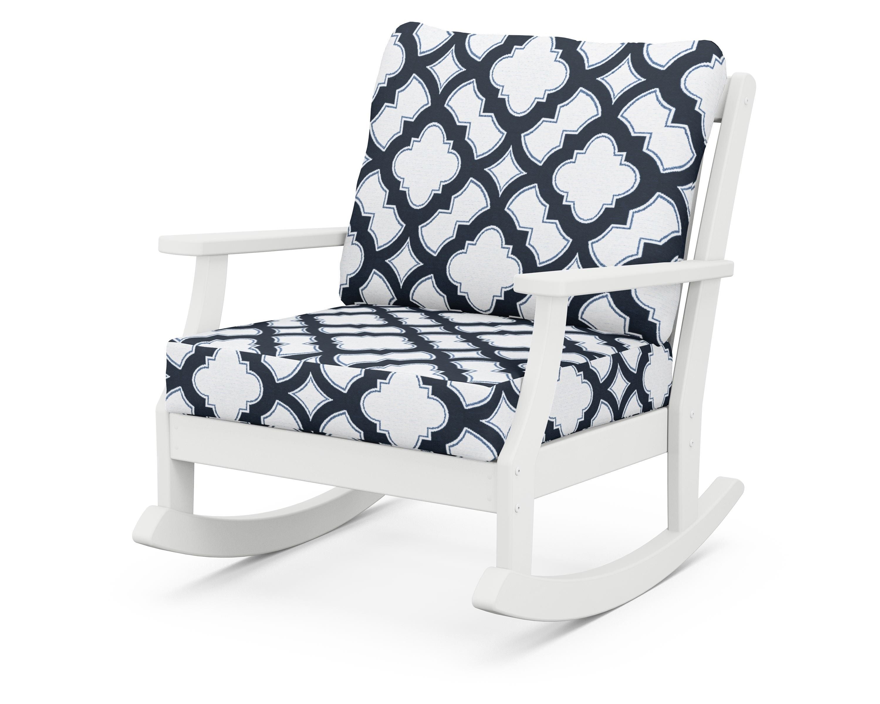 POLYWOOD® Braxton Deep Seating Rocking Chair in White / Trellis Marine Indigo
