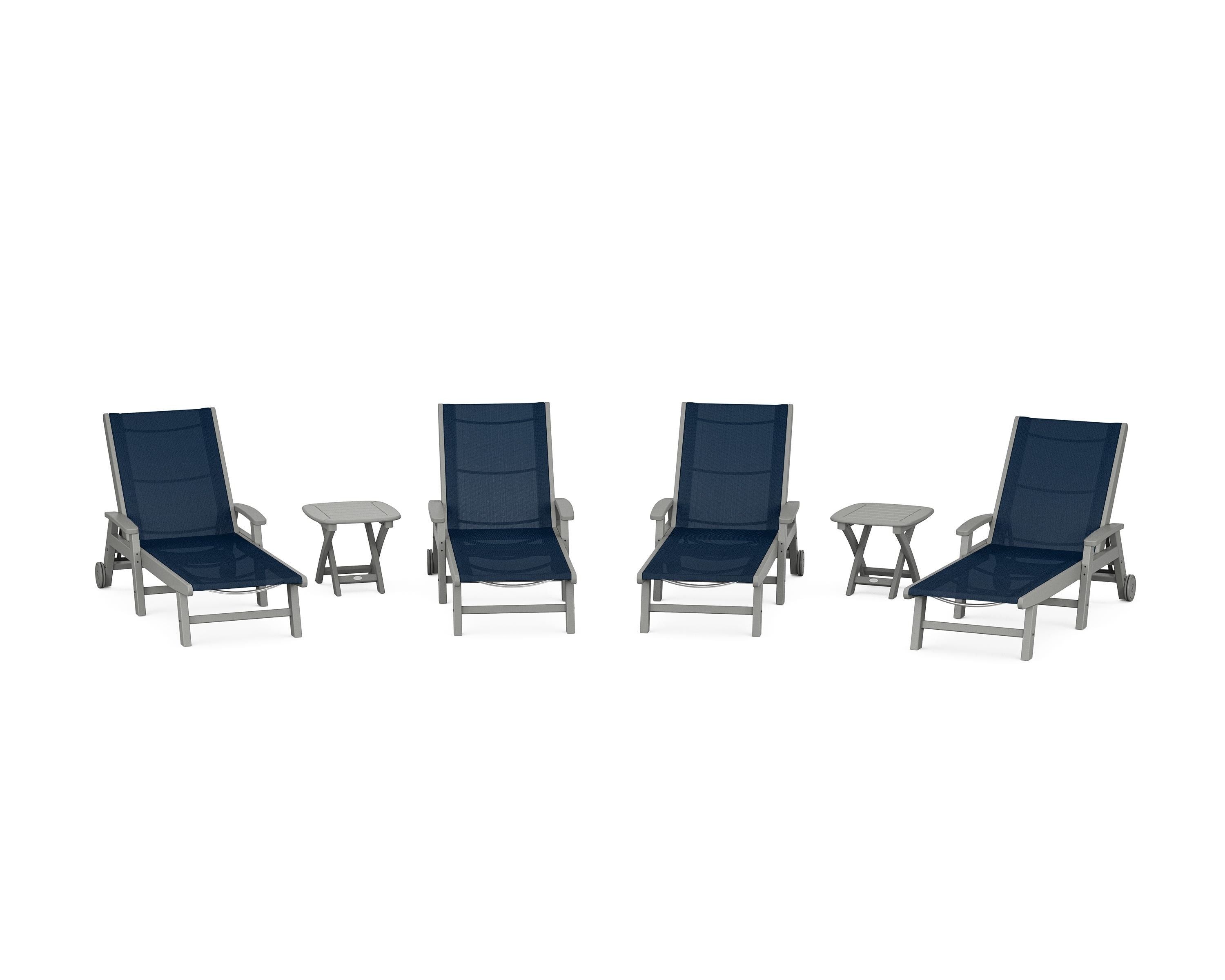 POLYWOOD® Coastal Chaise 6-Piece Set with Wheels in Slate Grey / Navy Blue Sling