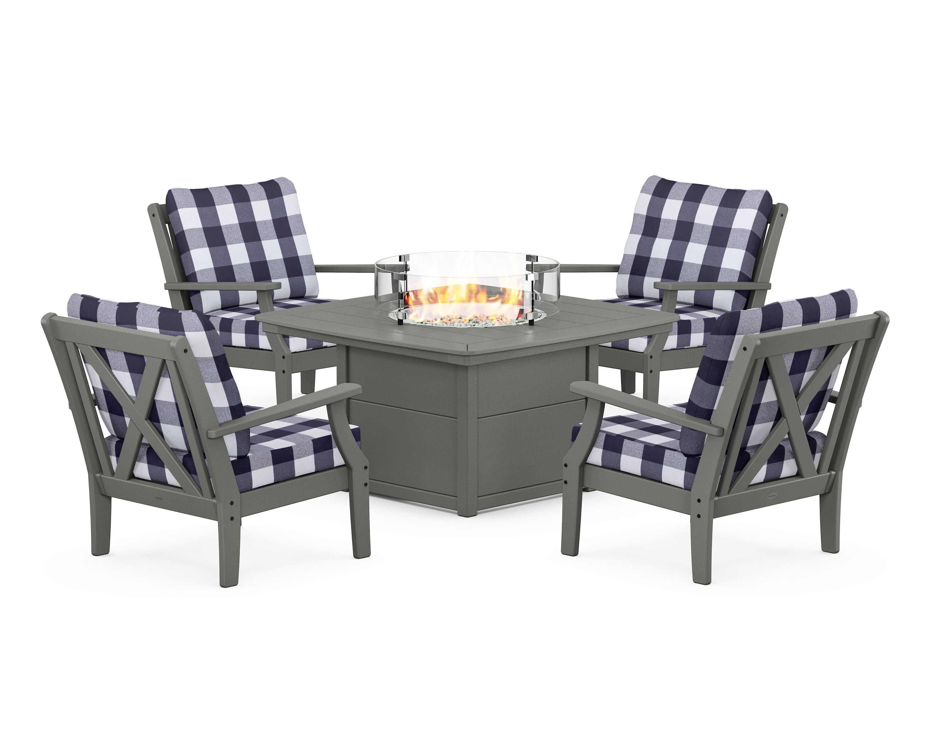 POLYWOOD® Braxton 5-Piece Deep Seating Conversation Set with Fire Pit Table in Slate Grey / Buffalo Plaid Navy