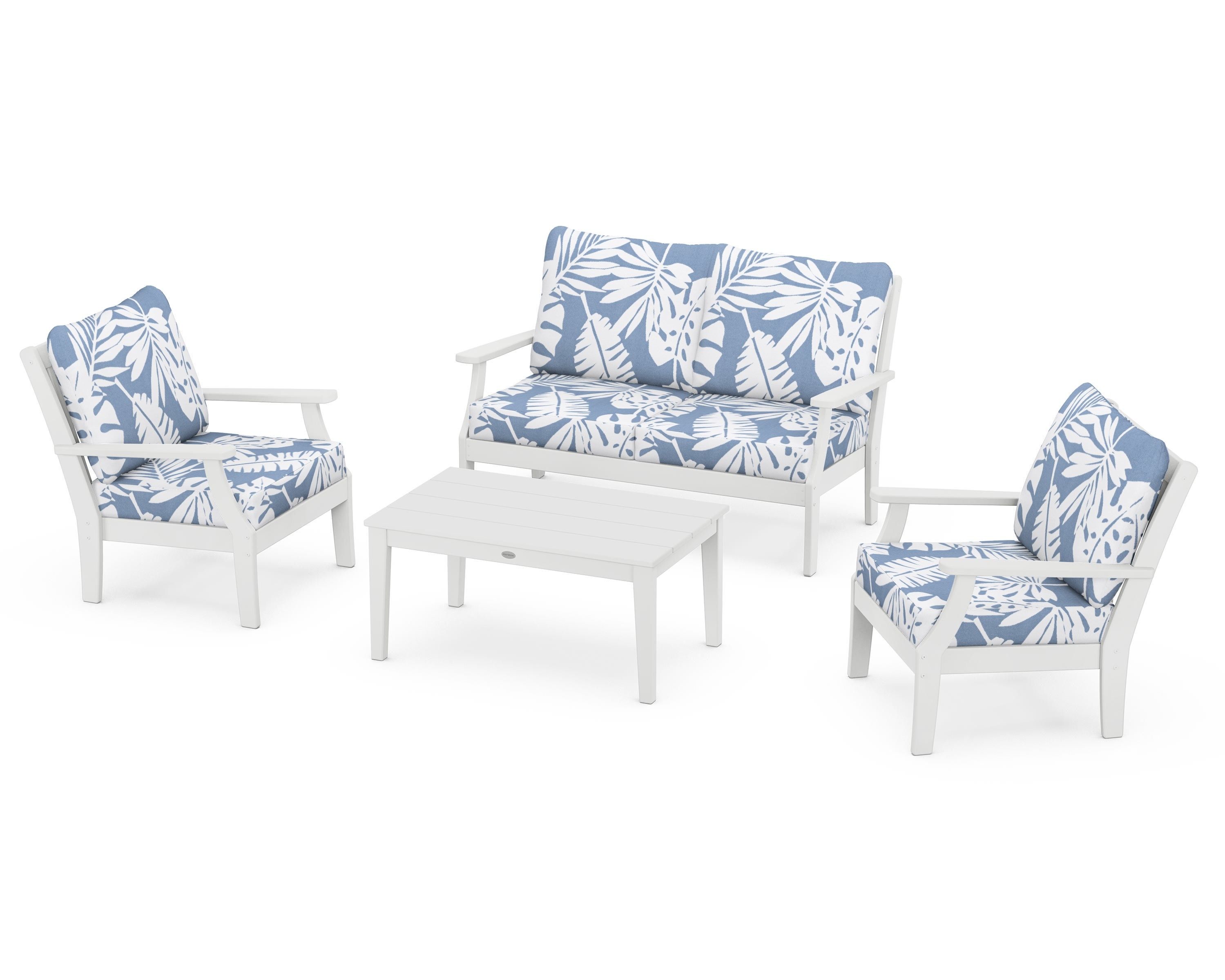 POLYWOOD® Braxton 4-Piece Deep Seating Chair Set in White / Leaf Sky Blue
