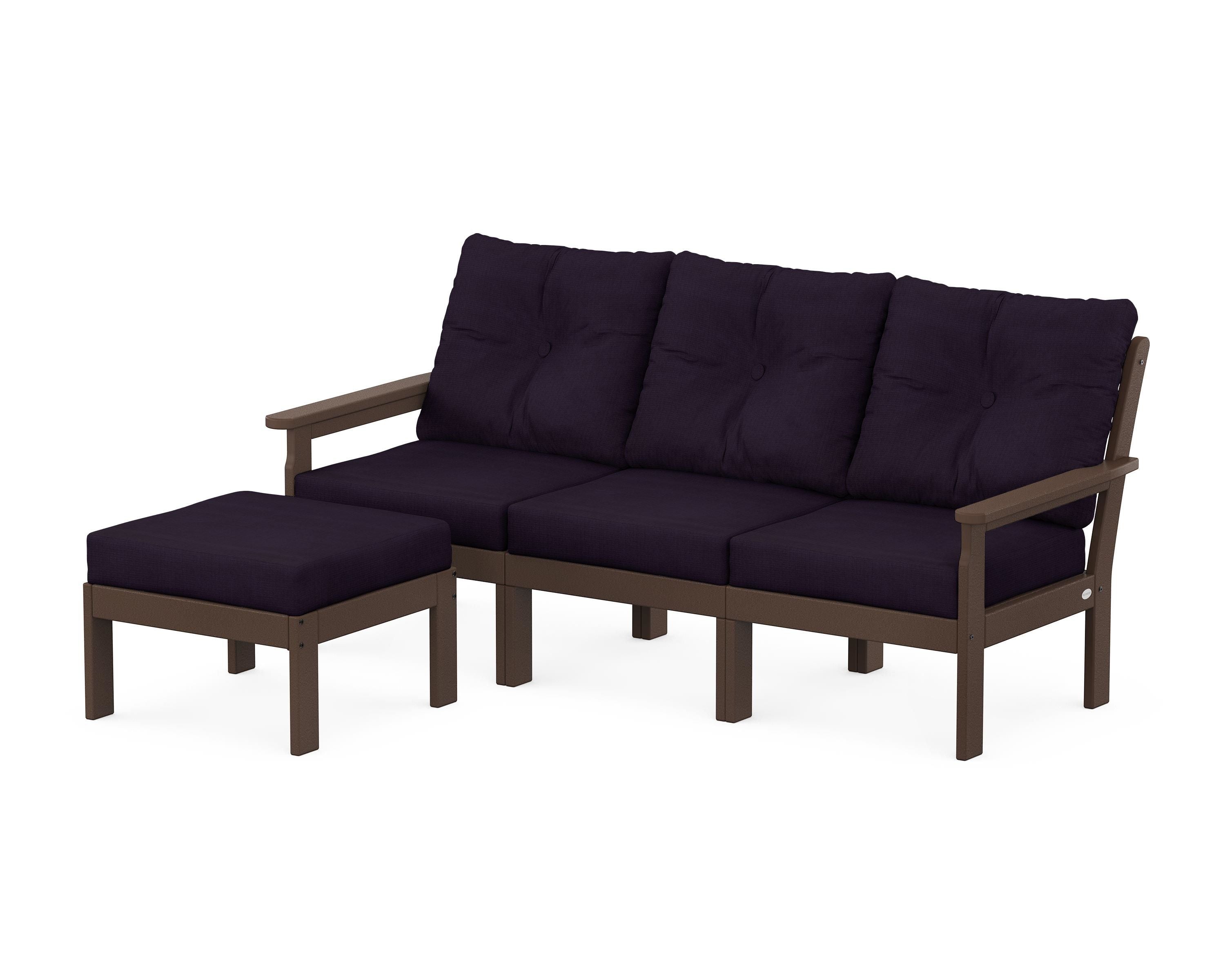 POLYWOOD® Vineyard 4-Piece Sectional with Ottoman in Mahogany / Navy Linen