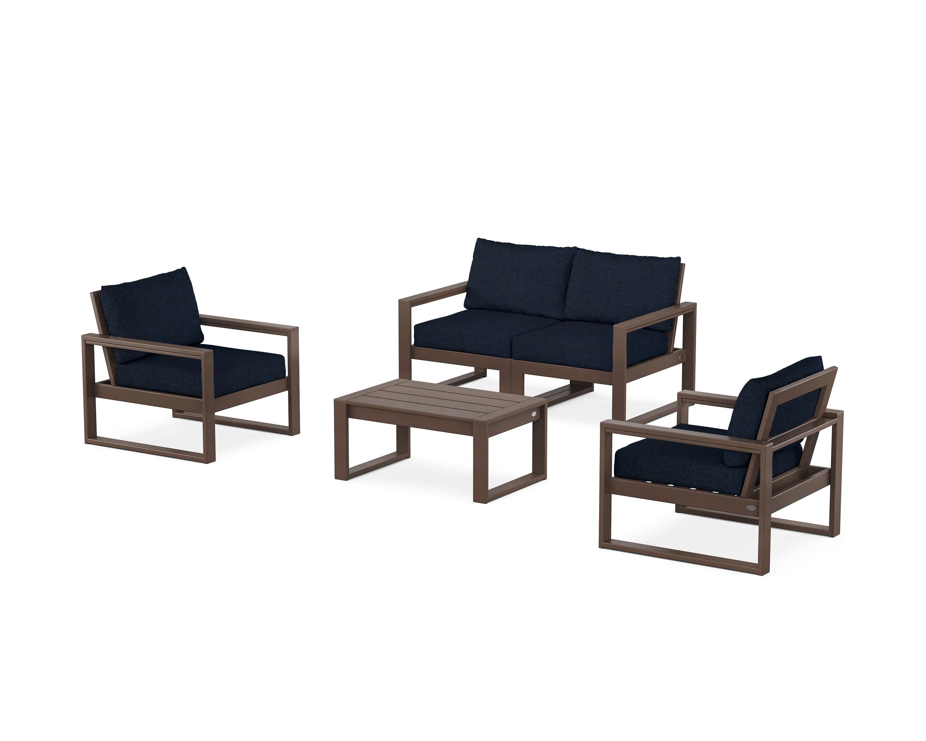 POLYWOOD® EDGE Sectional 4-Piece Deep Seating Set with Loveseat in Mahogany / Marine Indigo