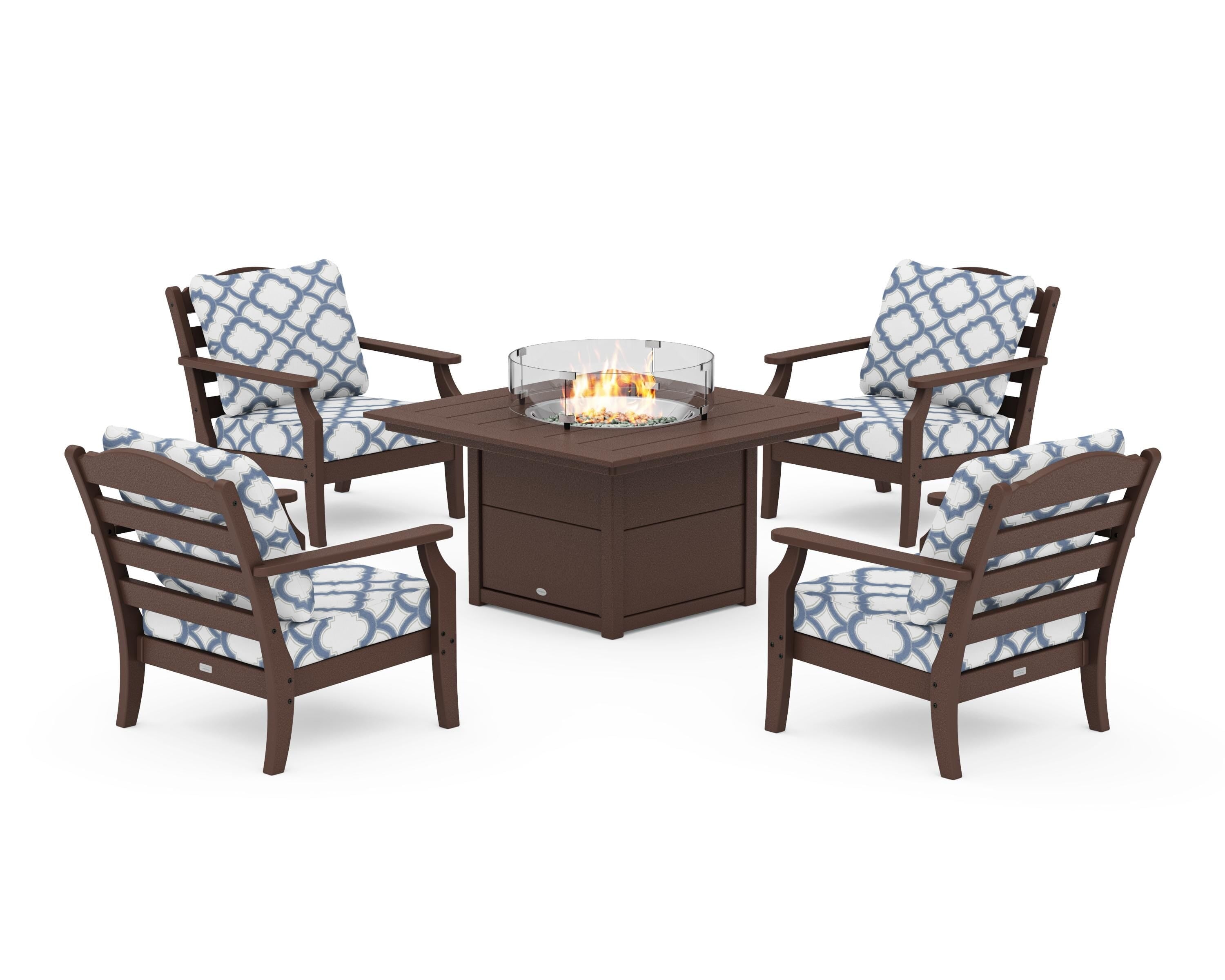 Draper James™ by POLYWOOD® Savannah 5-Piece Deep Seating Set with Fire Pit Table in Mahogany / Trellis Sky Blue