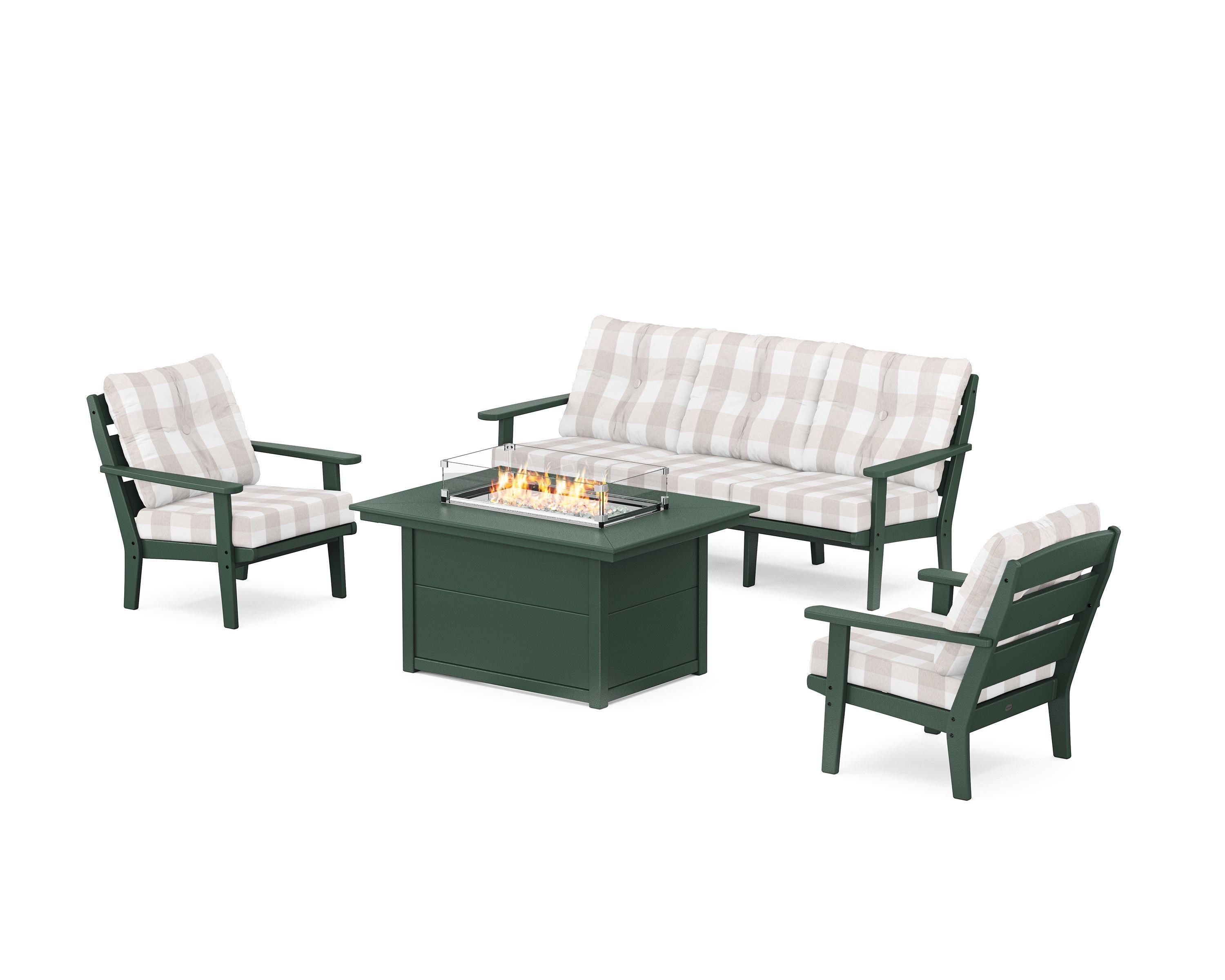 POLYWOOD® Lakeside Deep Seating Fire Pit Table Set in Green / Buffalo Plaid Dune Burlap