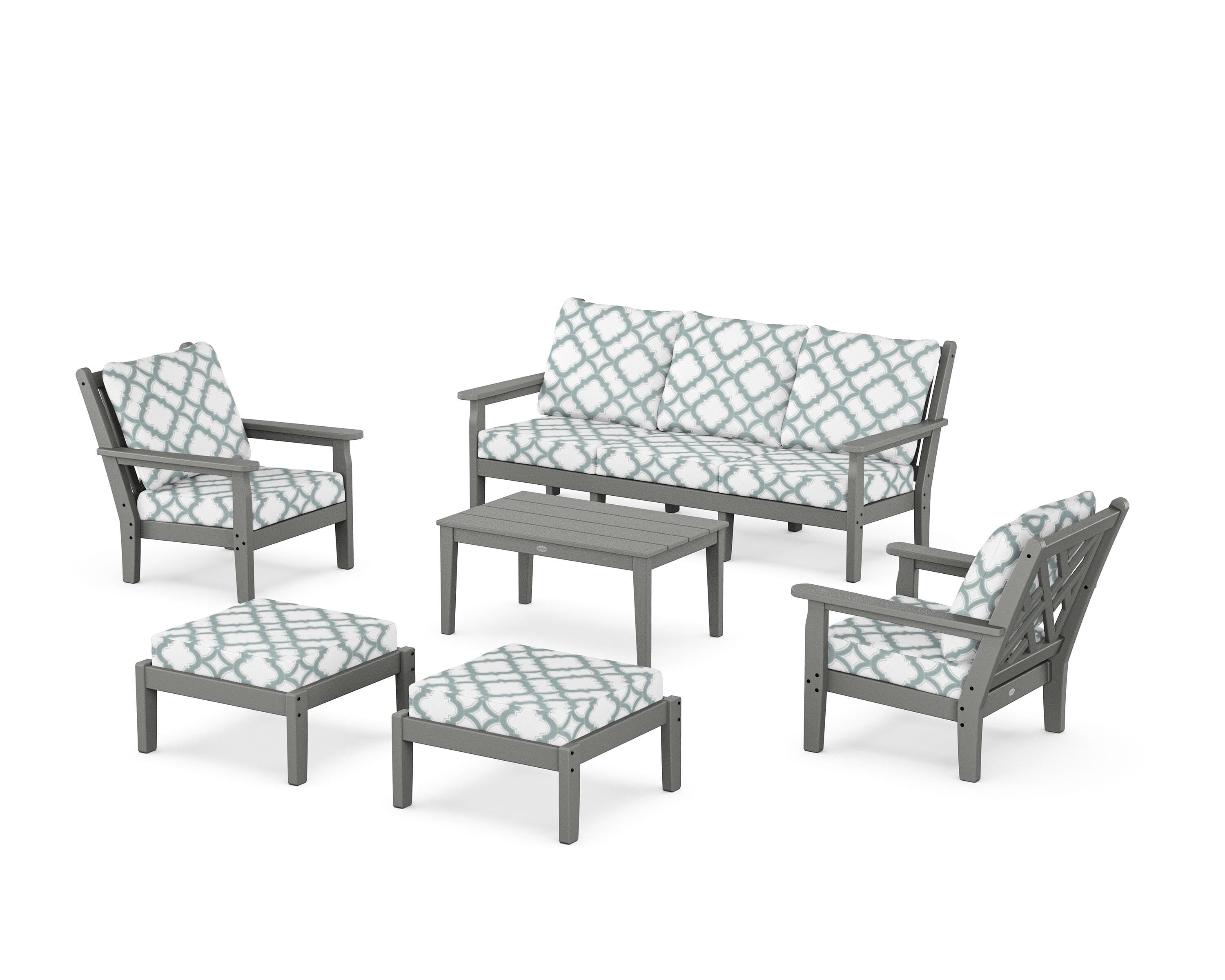 POLYWOOD® Chippendale 6-Piece Lounge Sofa Set in Slate Grey / Trellis Glacier Spa