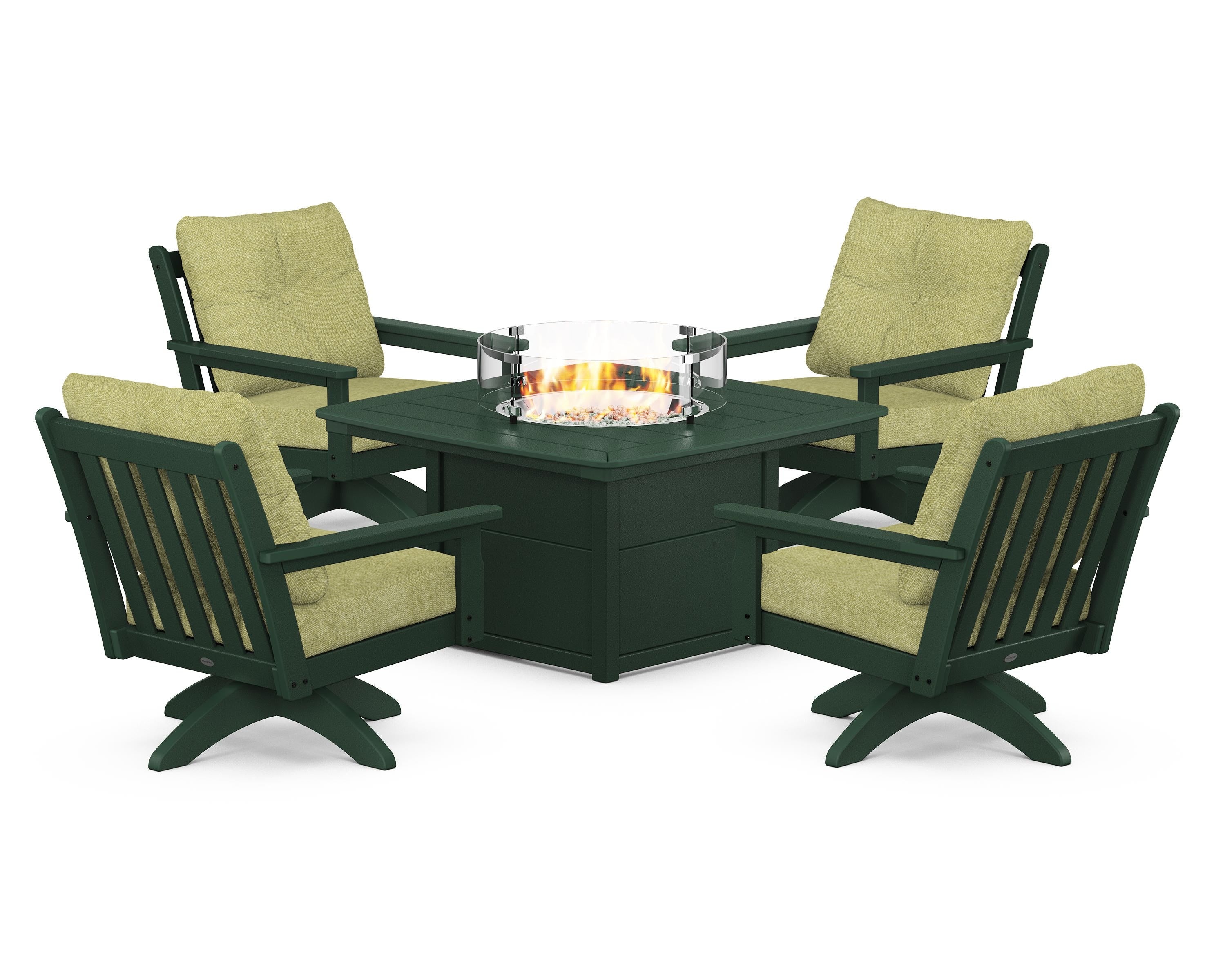 POLYWOOD® Vineyard 5-Piece Deep Seating Swivel Conversation Set with Fire Pit Table in Green / Chartreuse Boucle