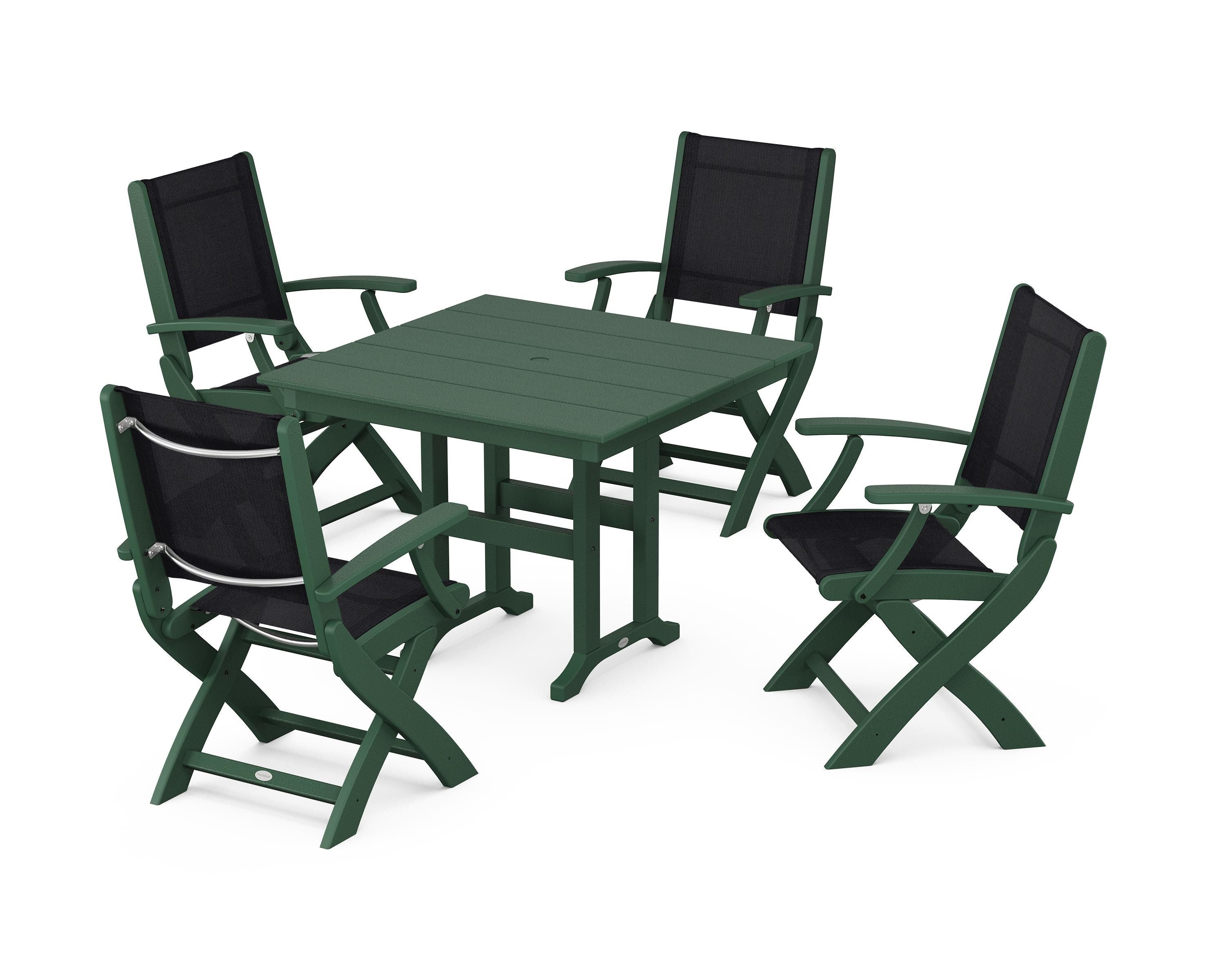POLYWOOD® Coastal Folding Chair 5-Piece Farmhouse Dining Set in Green / Black Sling