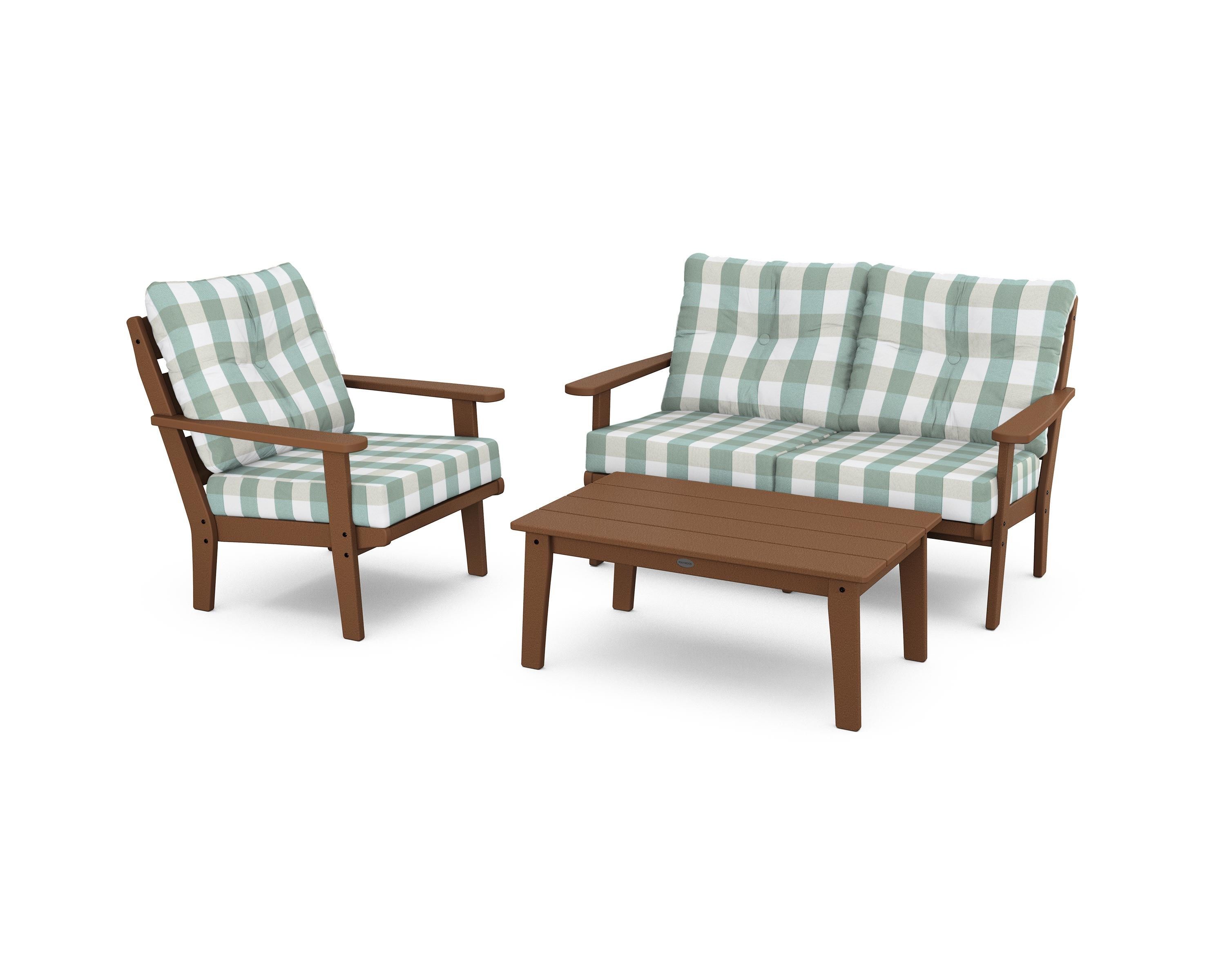 POLYWOOD® Lakeside 3-Piece Deep Seating Set in Teak / Buffalo Plaid Glacier Spa